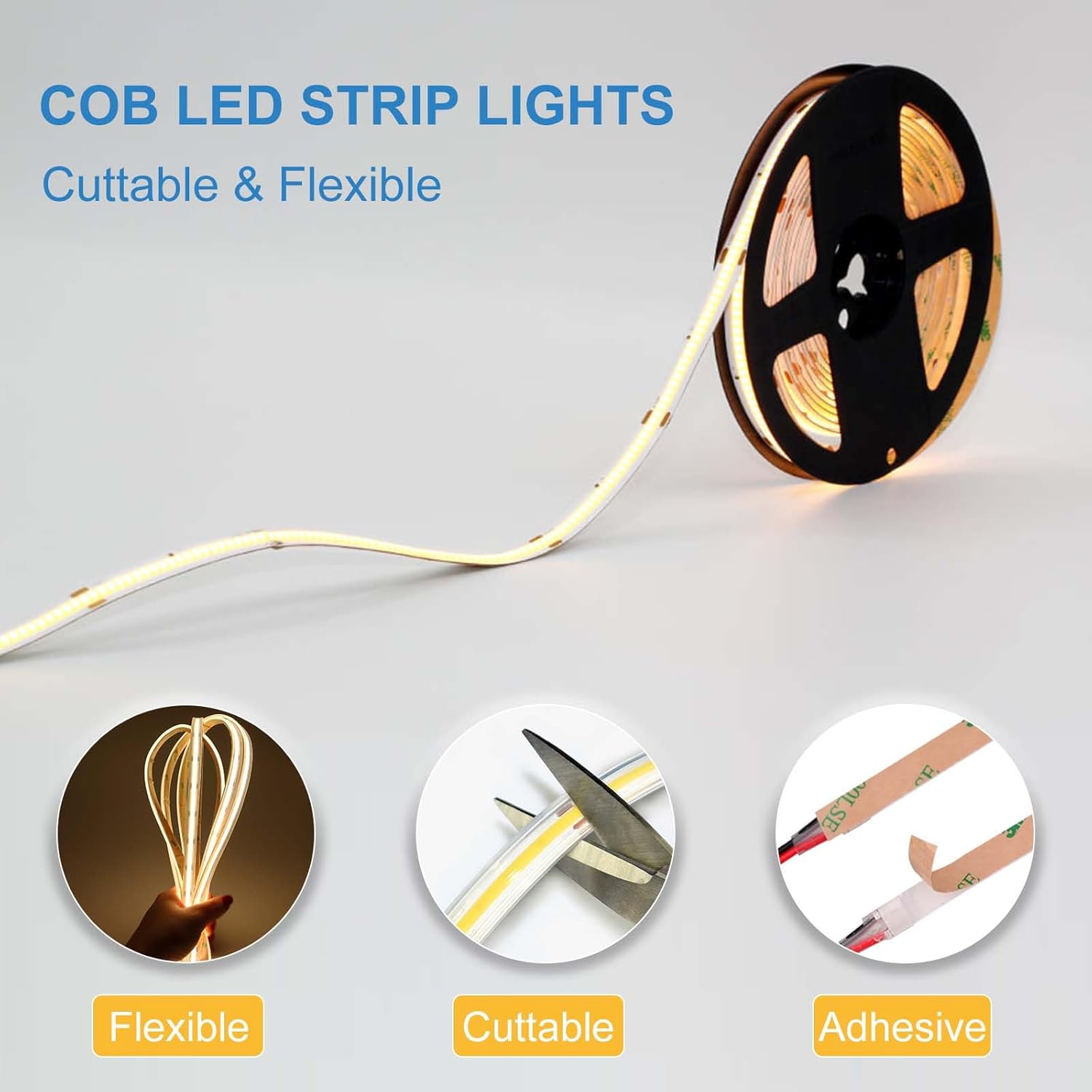 COB LED Strip Lights Waterproof IP67 DC24v Daylight White 6000K 16.4ft/5m High CRI 92Ra+ Outdoor LED Tape Lighting DIY Cuttable for Bedroom Kitchen Cabinet Shelf (Power Supply Not Included) - Image 4