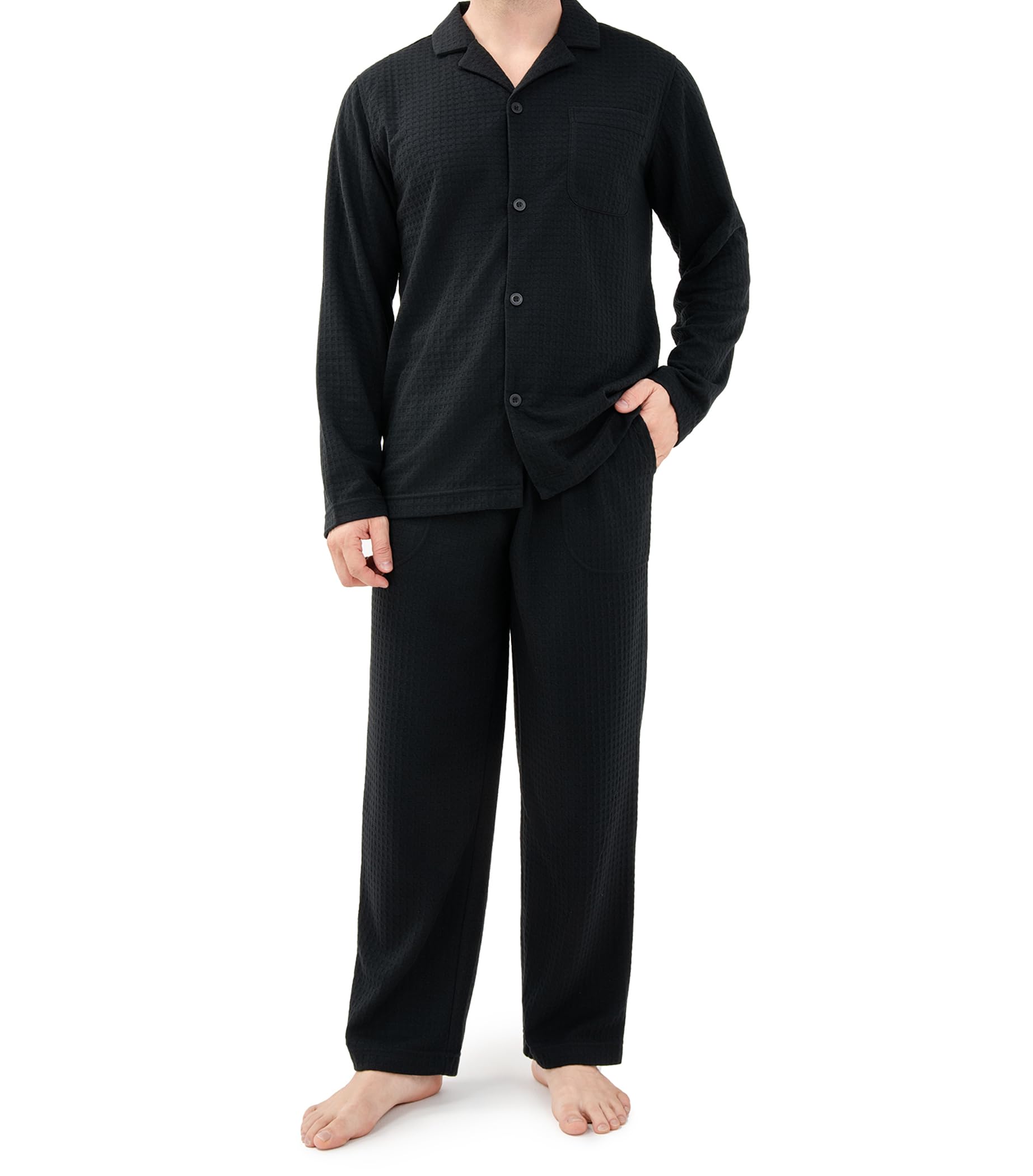 DAVID ARCHY Conjunto de pijama de algodón suave con cuello con muescas para hombre, manga larga, con bolsillos y bragueta frontal, Negro - Tejido de poliéster gofre (sin bragueta), Medium