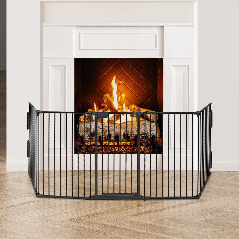 Barrera de Seguridad para Chimenea con Puerta de Metal, Barrera de Seguridad para Niños y Mascotas-Vallas Infantiles, Proteccion Escaleras Niños, Rejilla plegable-310 * 2,5 * 75cm (5 pz)