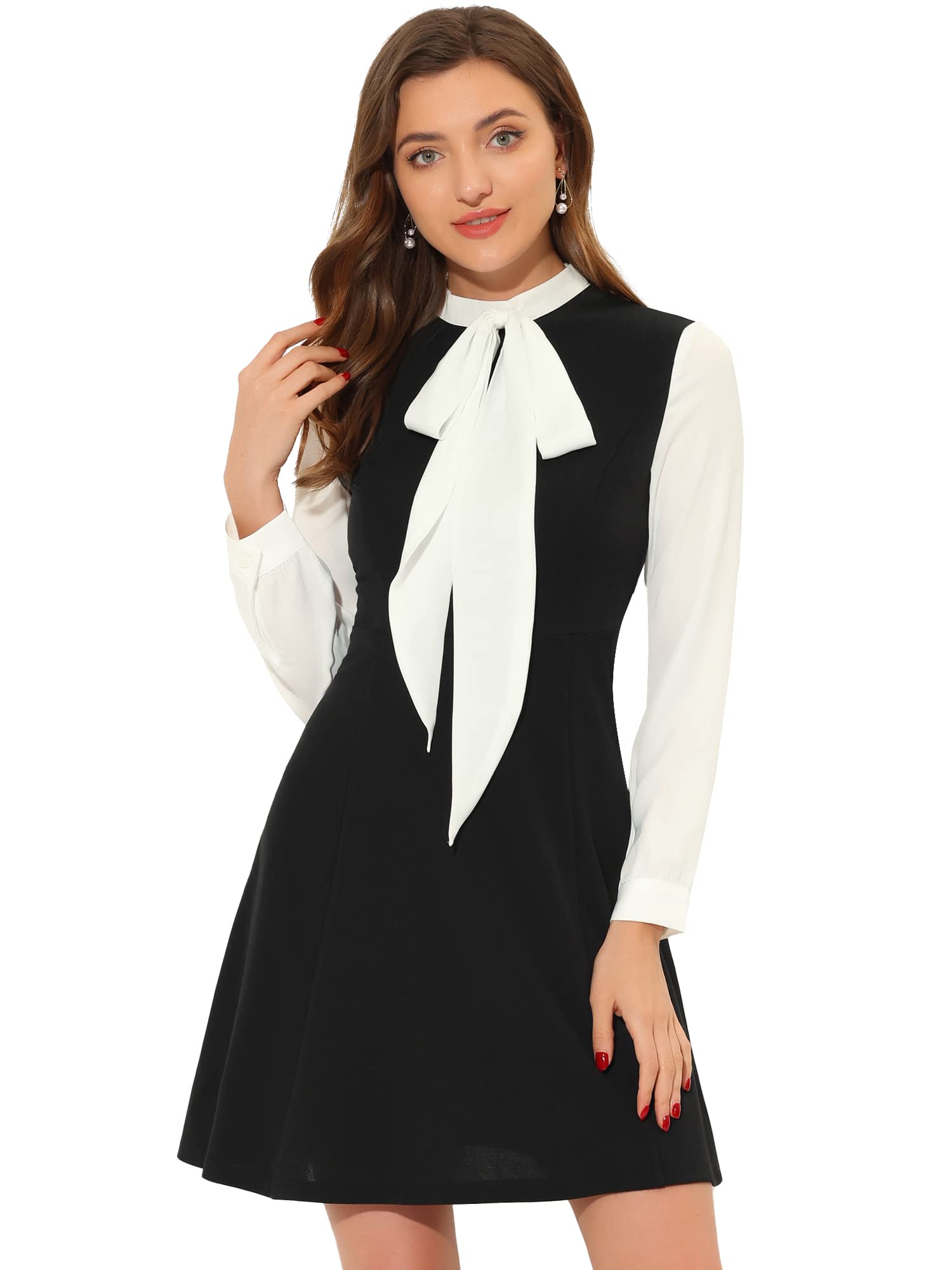 Allegra K Women's Elegant Contrast Tie Neck Long Sleeves A-Line Office Work Dress Black M-12