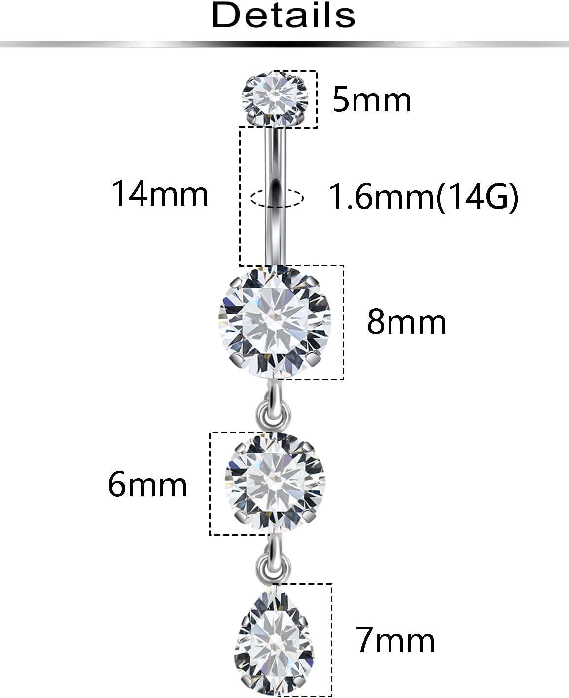 Ftovosyo Long Belly Button Ring Surgical Steel Belly Button Rings 14mm 16mm Internally Threaded Cubic Zirconia Dangle Navel Piercing Jewelry for Women 14G - Image 2