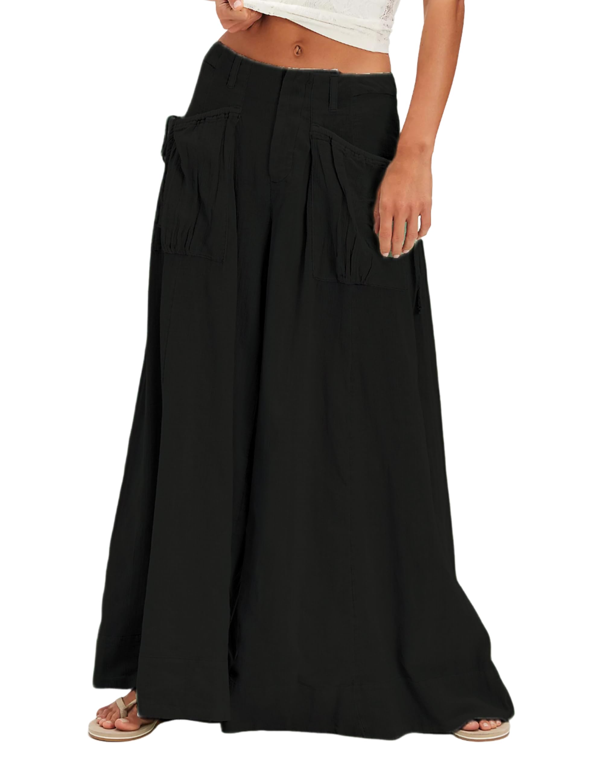 SCUSTY Womens Wide Leg Pants Drawstring Pockets Mid Rise Zip Fly Trousers Casual Loose Fit Pants