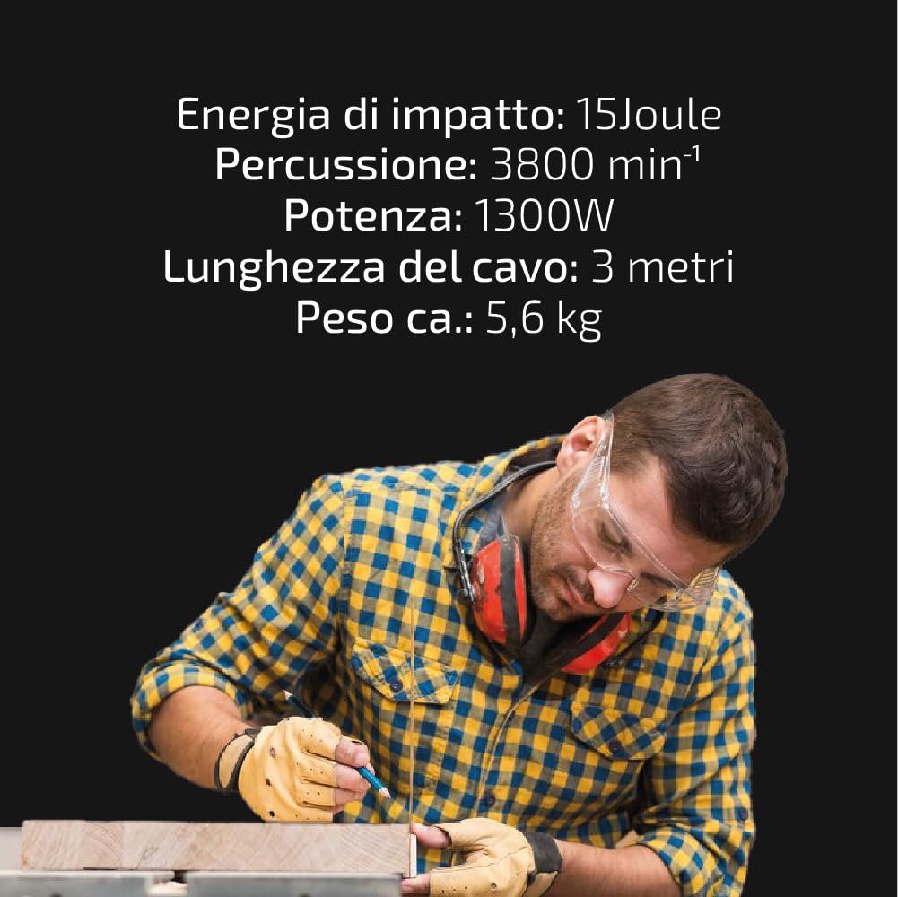 Martello Demolitore Professionale -1300W con 3 Punte e Scalpello - Martello Per Lavori di Demolizione su Cemento e Muratura - Demolitore Elettrico ad alta potenza e Manico Antivibrazione