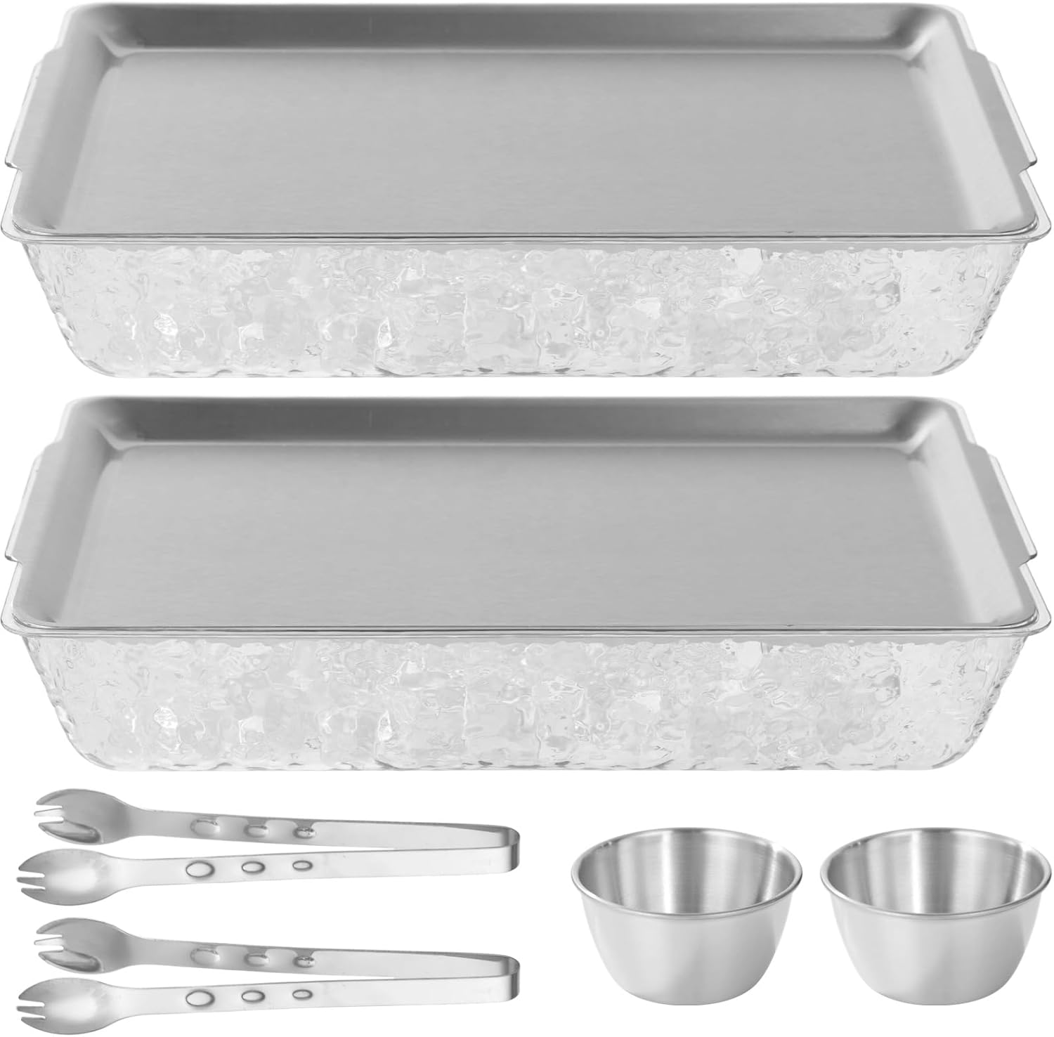 2 Sets Chilled Serving Tray for Patries - 15.7 x 9.7 in Plastic Ice Tub with Stainless Steel Food Tray Inserts Tongs, Party Cold Serving Platter for Cold Dish Dip Charcuterie Fruit Seafood Dessert