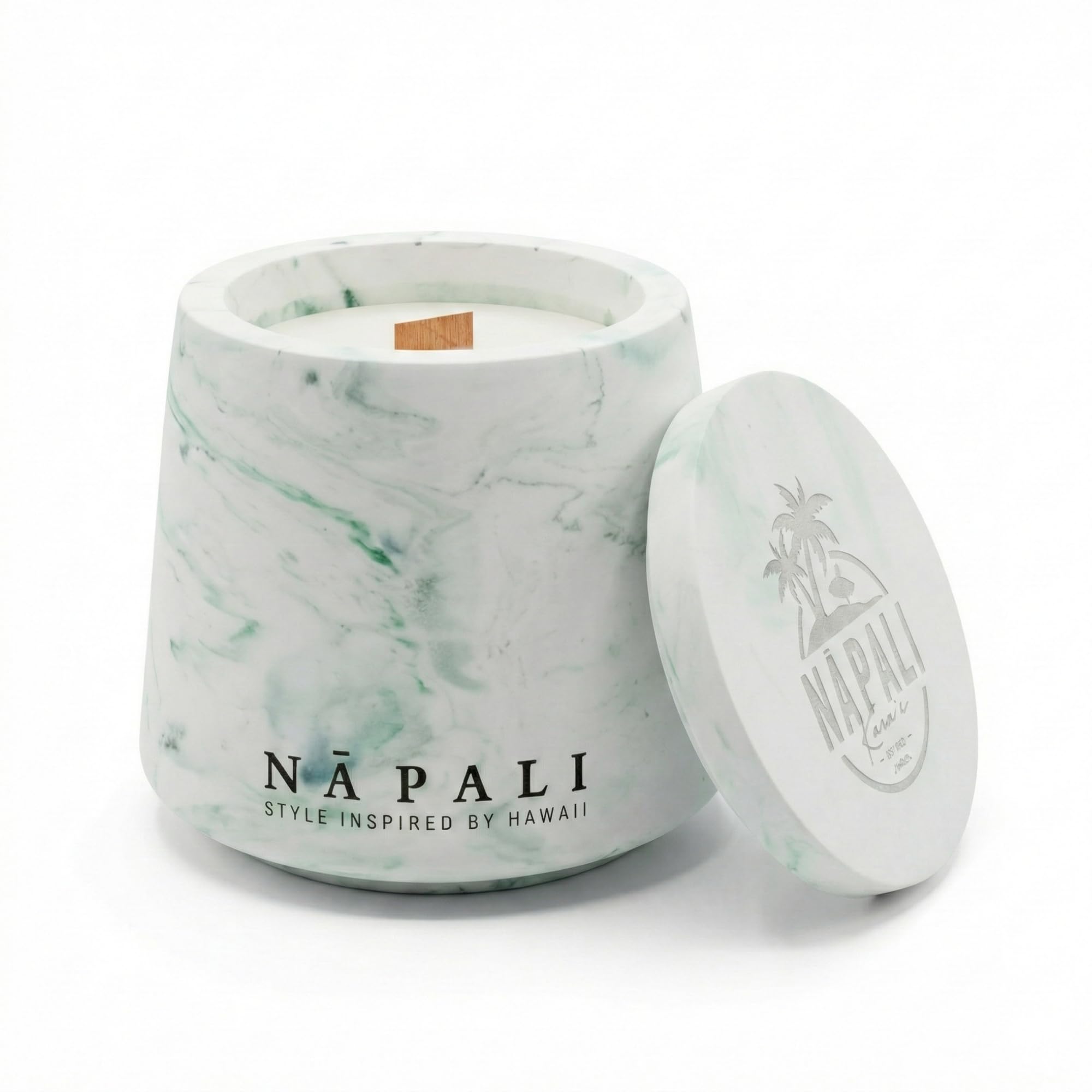 Na Pali Green Marble Moku Ola Hawaiian Candle | 100% Soy Wax & Wooden Wick | Coconut · Vanilla Scent In Eco-Resin Jar | Vegan & Paraben Free | 35Hr Burn