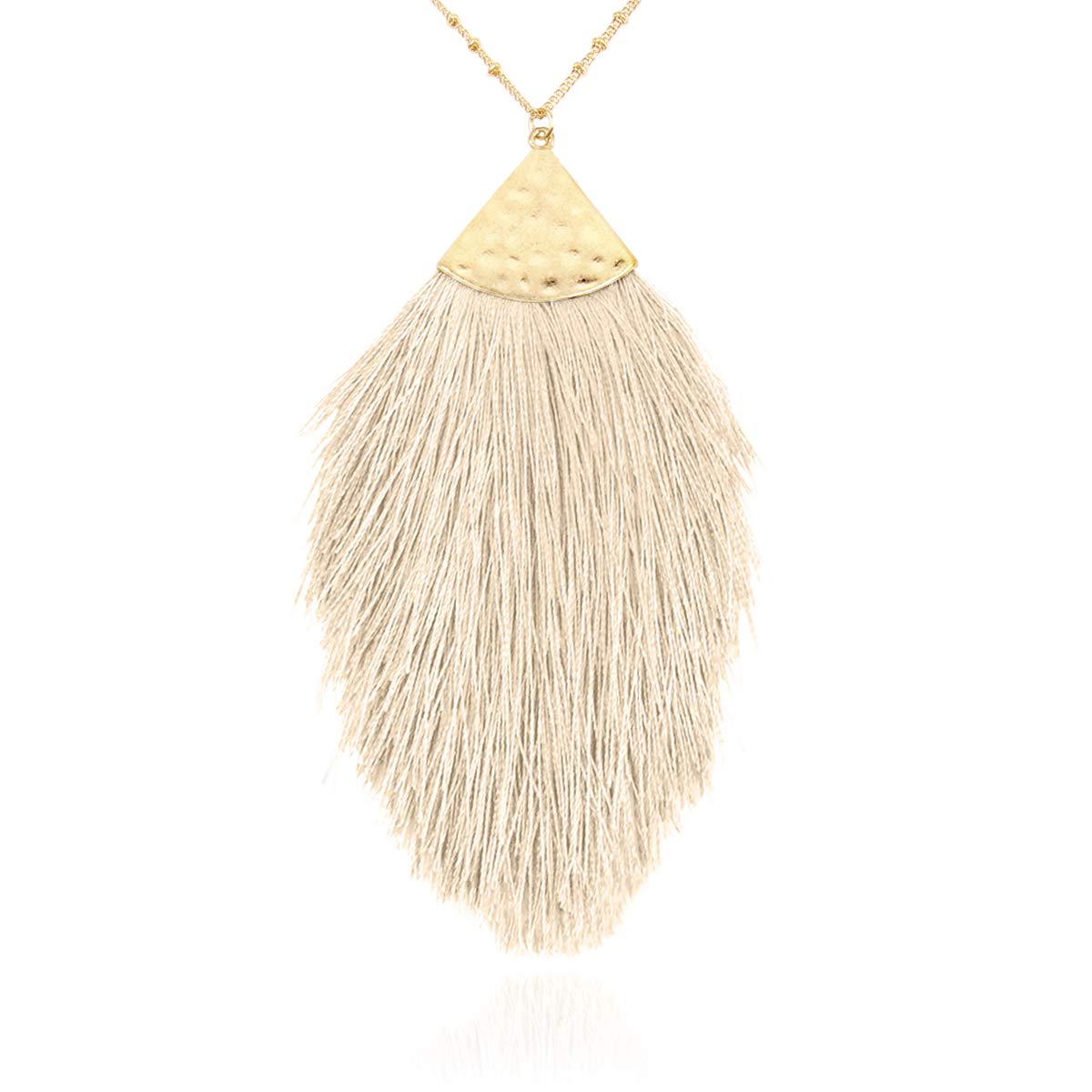 RIAH FASHION Antique Bohemian Silky Thread Fan Tassel Statement Necklace - Vintage Gold Feather Shape Strand Fringe Lightweight Long Chain