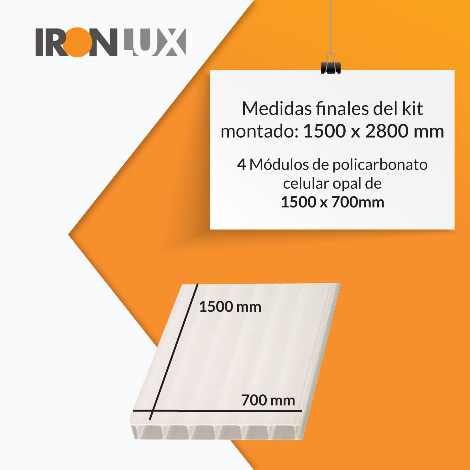 Kit Placas de policarbonato Compacto opal 10mm - Medida final 1500 x 2800mm - Incluye accesorios de instalación