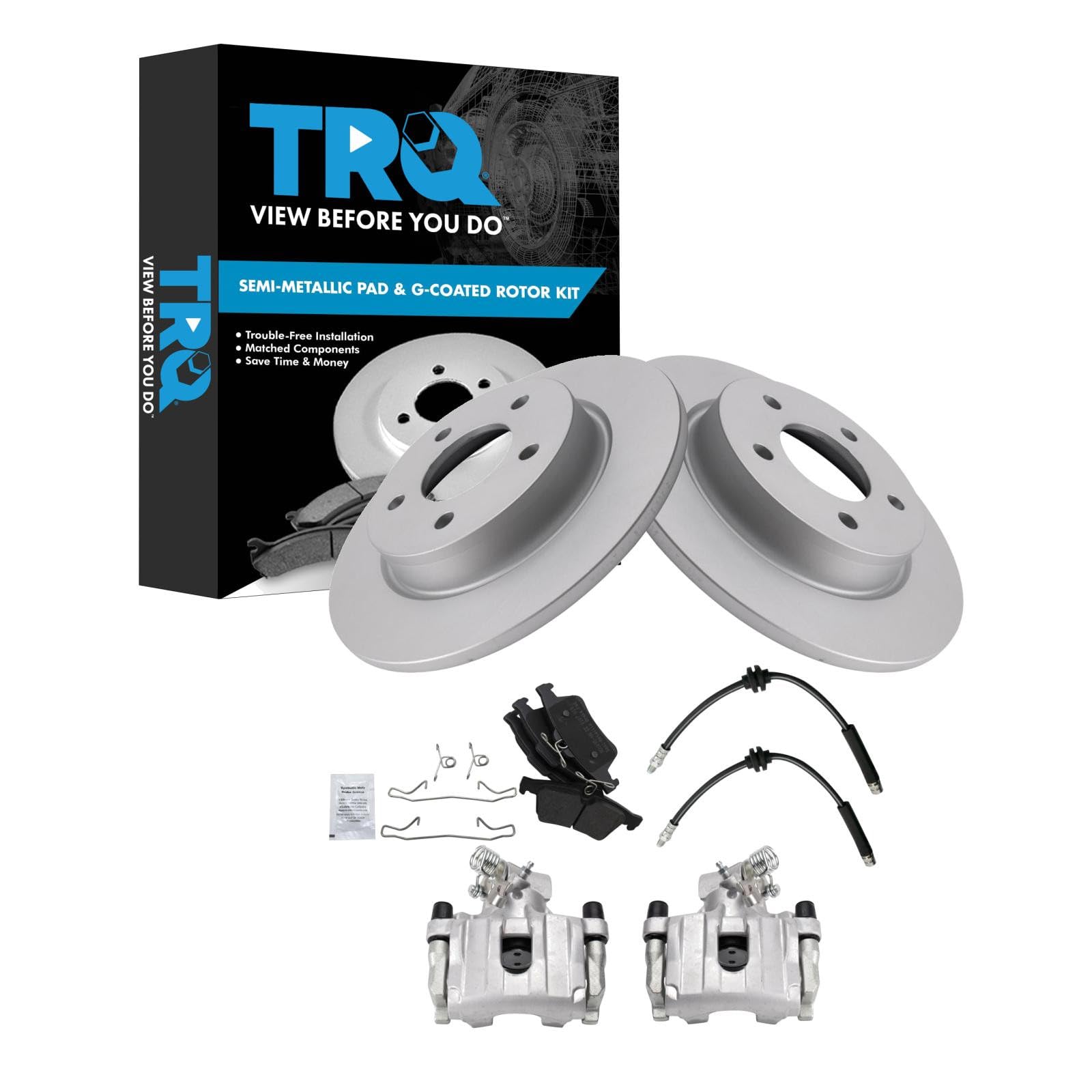 TRQ Rear Brake Pad and Rotor Set Semi Metallic Coated Rotors Calipers Compatible with 2009-2013 Mazda 3