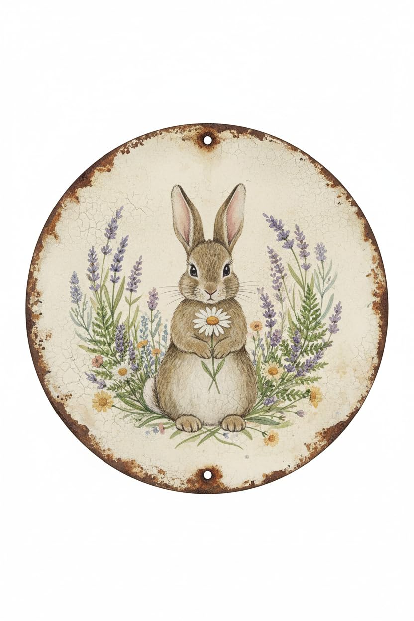 Easter Wreath Bunny Wreath Round Metal Tin Sign Vintage Retro Wall Art for Home Farmhouse Kitchen Living Room Bedroom Office Bar Cafe 12x12inch