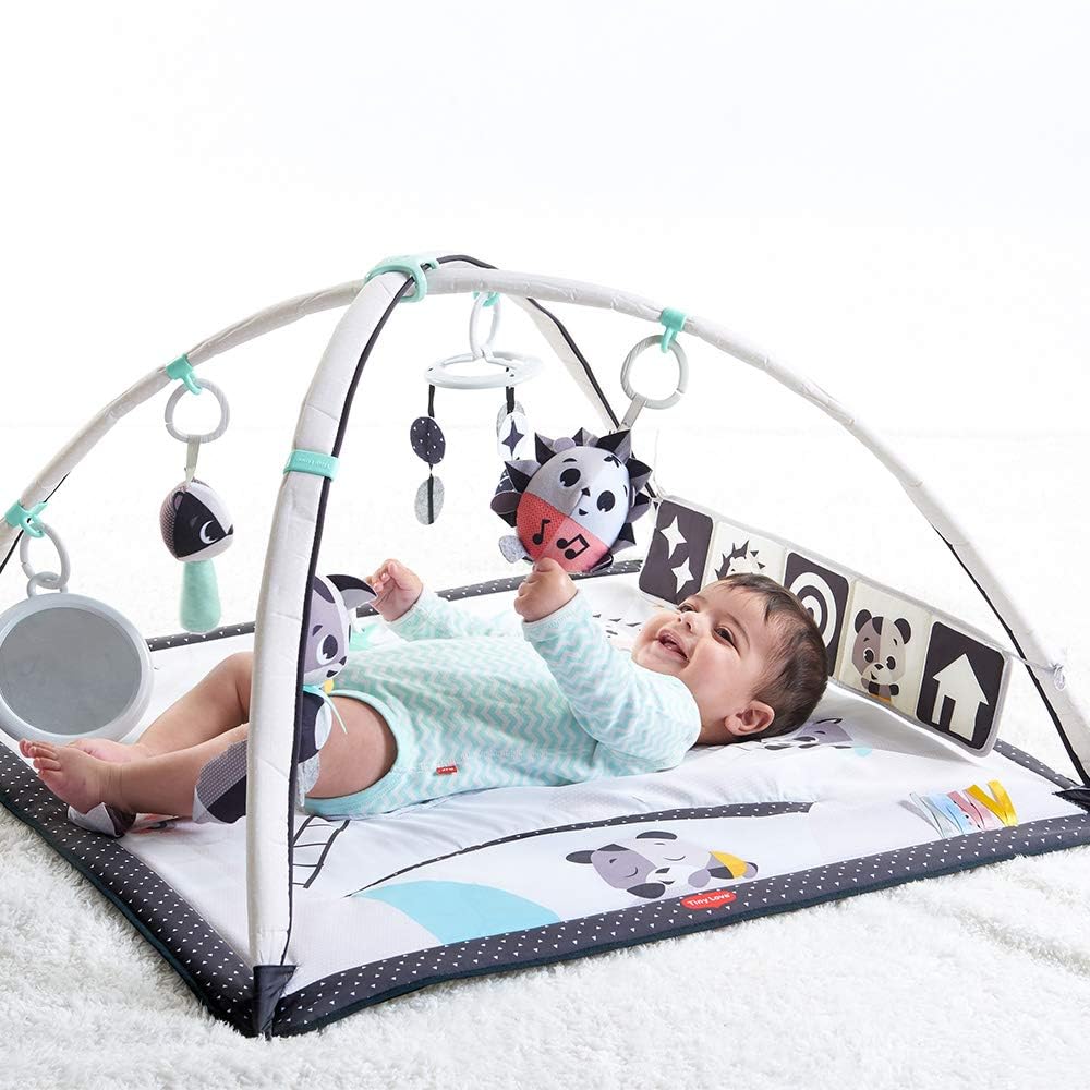 Tiny Love Black & White Gymini, 2-in-1 Spielmatte Baby mit Musik, 0+ Monate, Spieldecke Baby, 18 Aktivitäten, interaktive Musikspielfigur, kontrastreiches Babybuch, verstellbare Bögen, Magical Tales