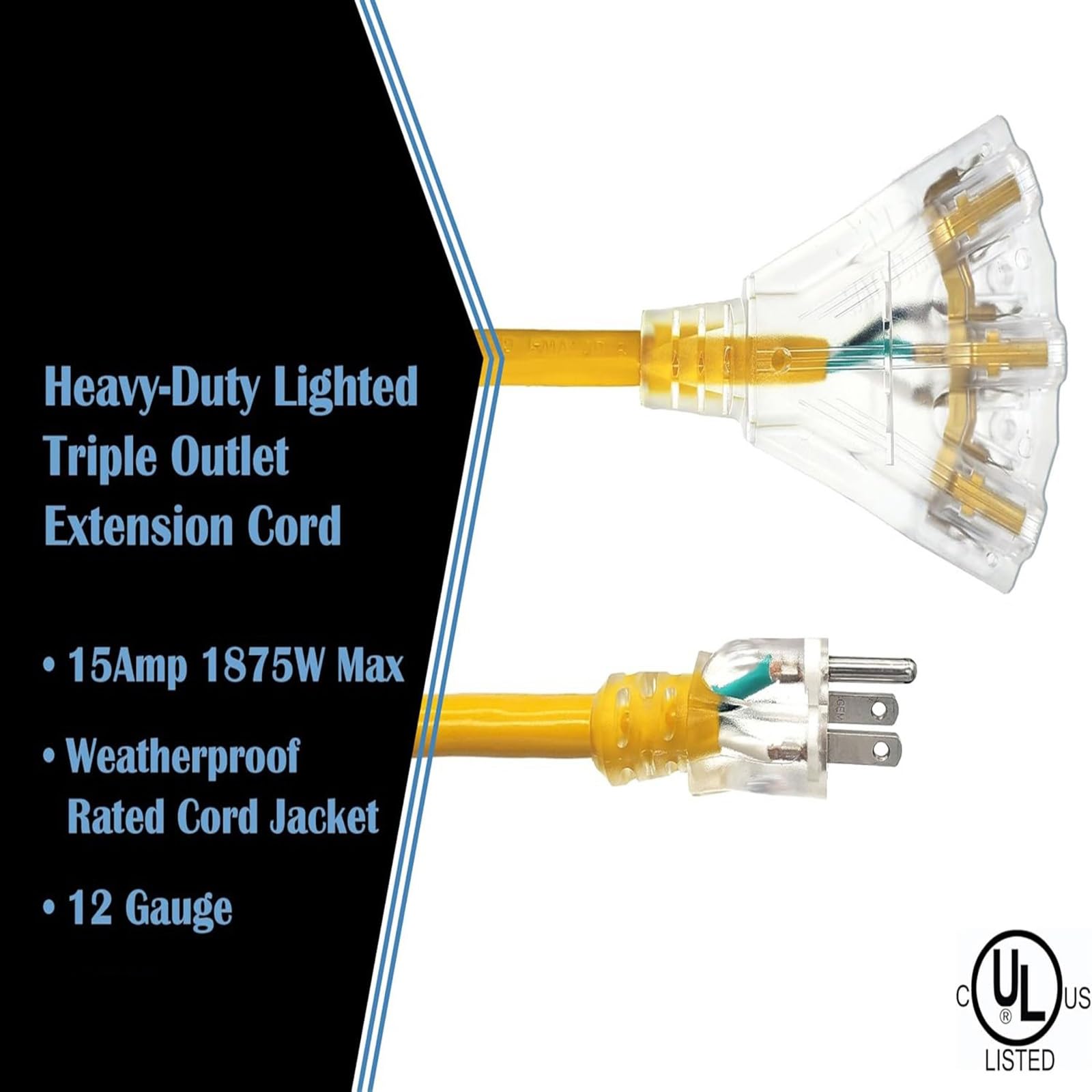 Cable De Extensión Para Exteriores 7,6 M (25 Ft) 12 AWG — Resistente Heavy-duty Con Enchufe 3 Clavijas Con Toma A Tierra Y Luz, Salidas Múltiples, Amarillo — Jardín, Electrodomésticos