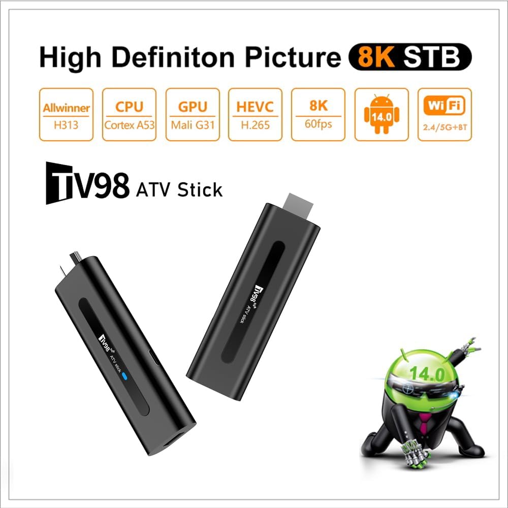Android 14.0 TV Stick Box, 8K UHD Streaming Player 2025, Smart TV Box mit 2GB RAM 16GB ROM, Dual WiFi 2.4G/5.8G, Bluetooth 5.0, Sprachsteuerung, HDMI Plug & Play Media Player