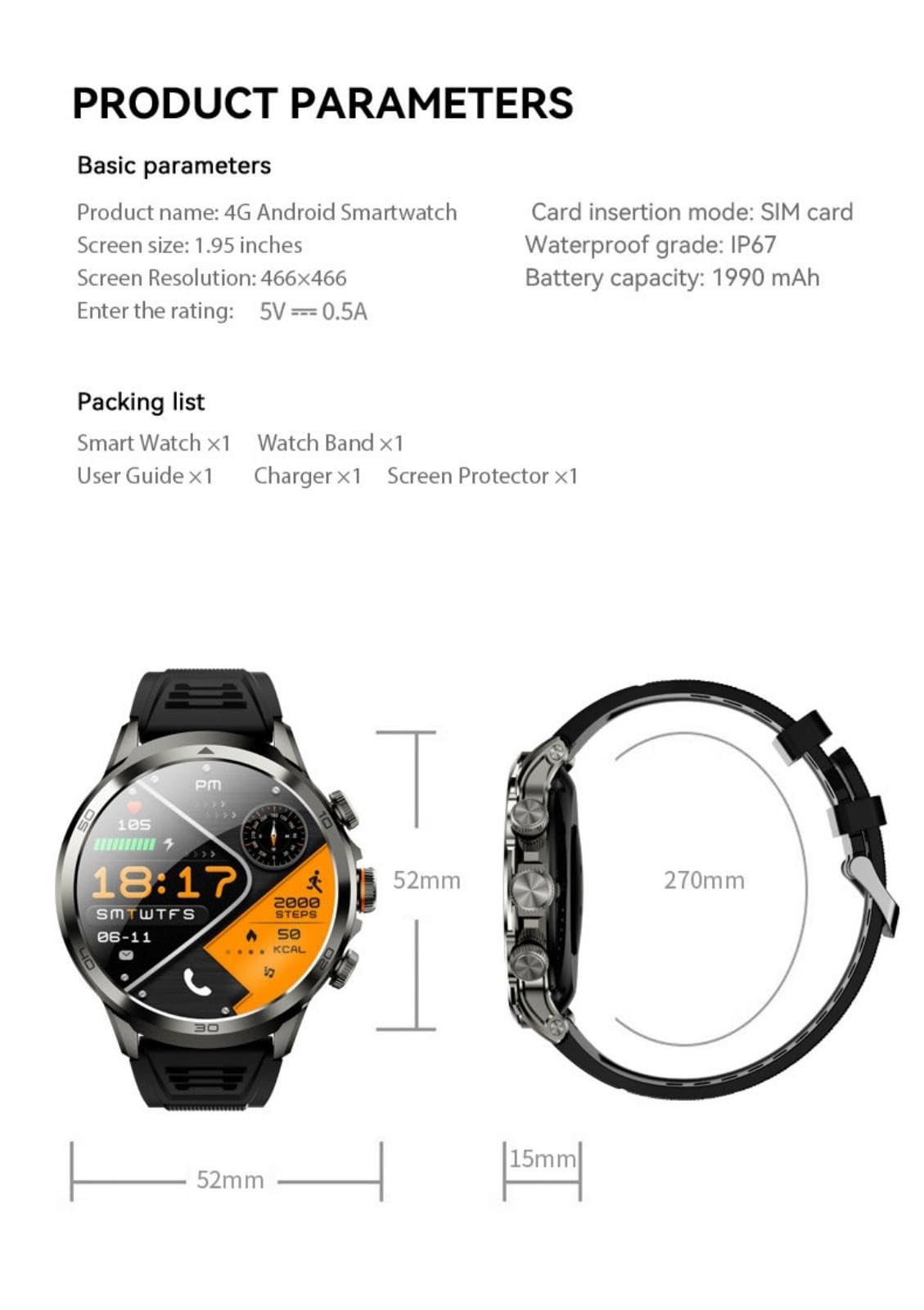 Smartwatch Android 4G, display HD da 2,9 pollici, fitness tracker, cardiofrequenzimetro, NFC, impermeabile IP67, argento-nero, regali per uomini e donne