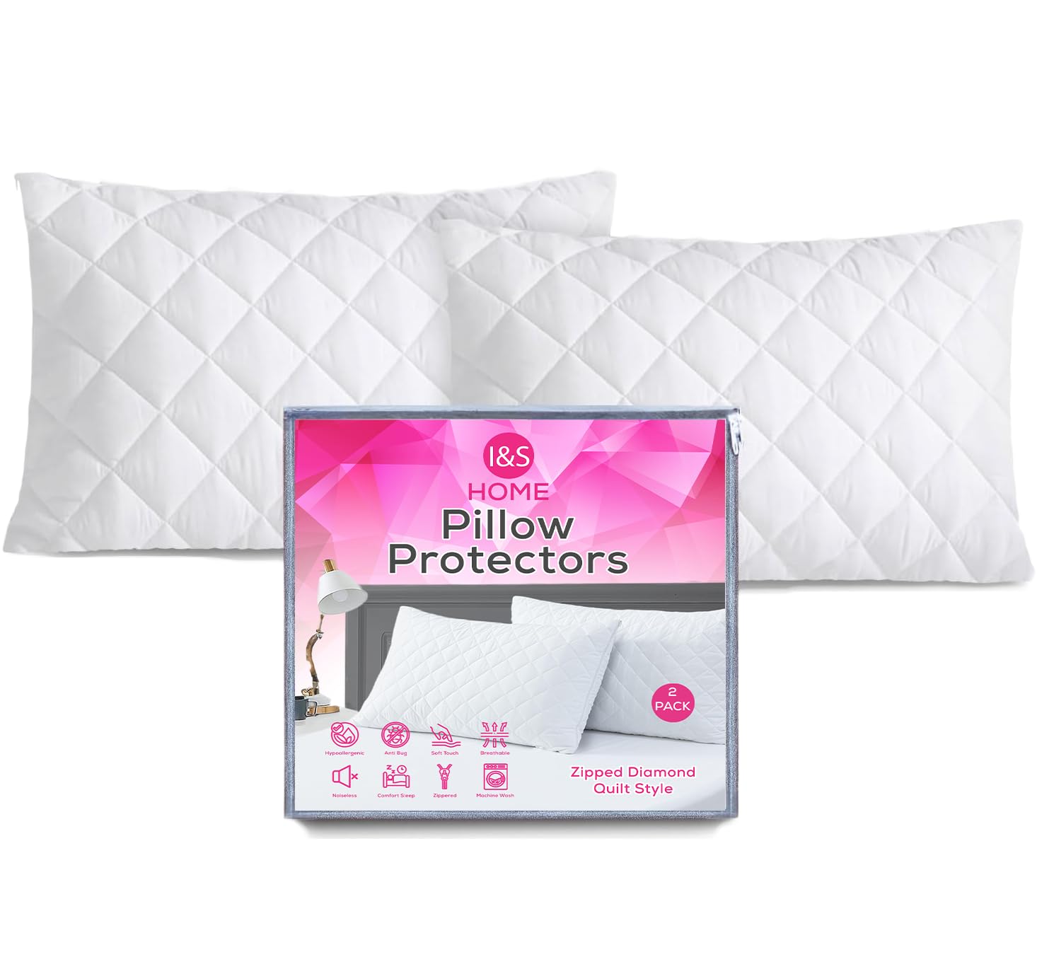 I&S HOME Paquete de 2 protectores de almohada acolchados con cremallera, 50 x 75 cm, fundas de almohada hipoalergénicas, transpirables, suaves, fundas de almohada con cremallera, color blanco
