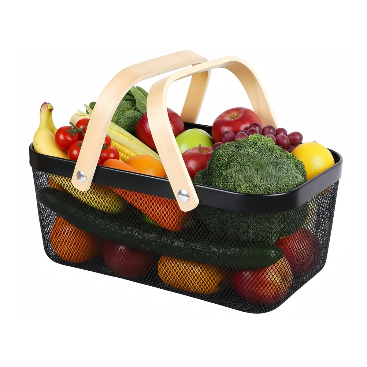 Ymeibe Portable Mesh Harvest Basket - Natural Bamboo Handle Foldable Organizer for Kitchen, Garden & Picnic | Ventilated Storage Bin with Rust-Proof