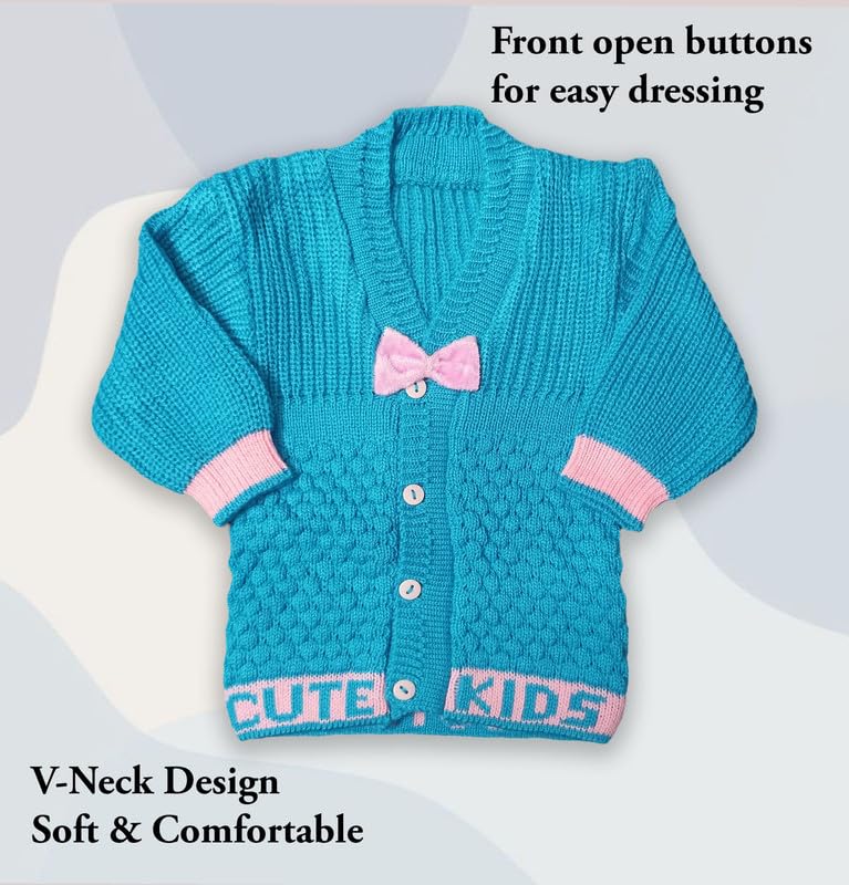 Image of Baby Unisex New Born Baby Boys Girls Soft Comfortable Trendy Woolen Round Neck Stripe Sweater Set with Payjami, Cap and Pair of Booties for Toddlers