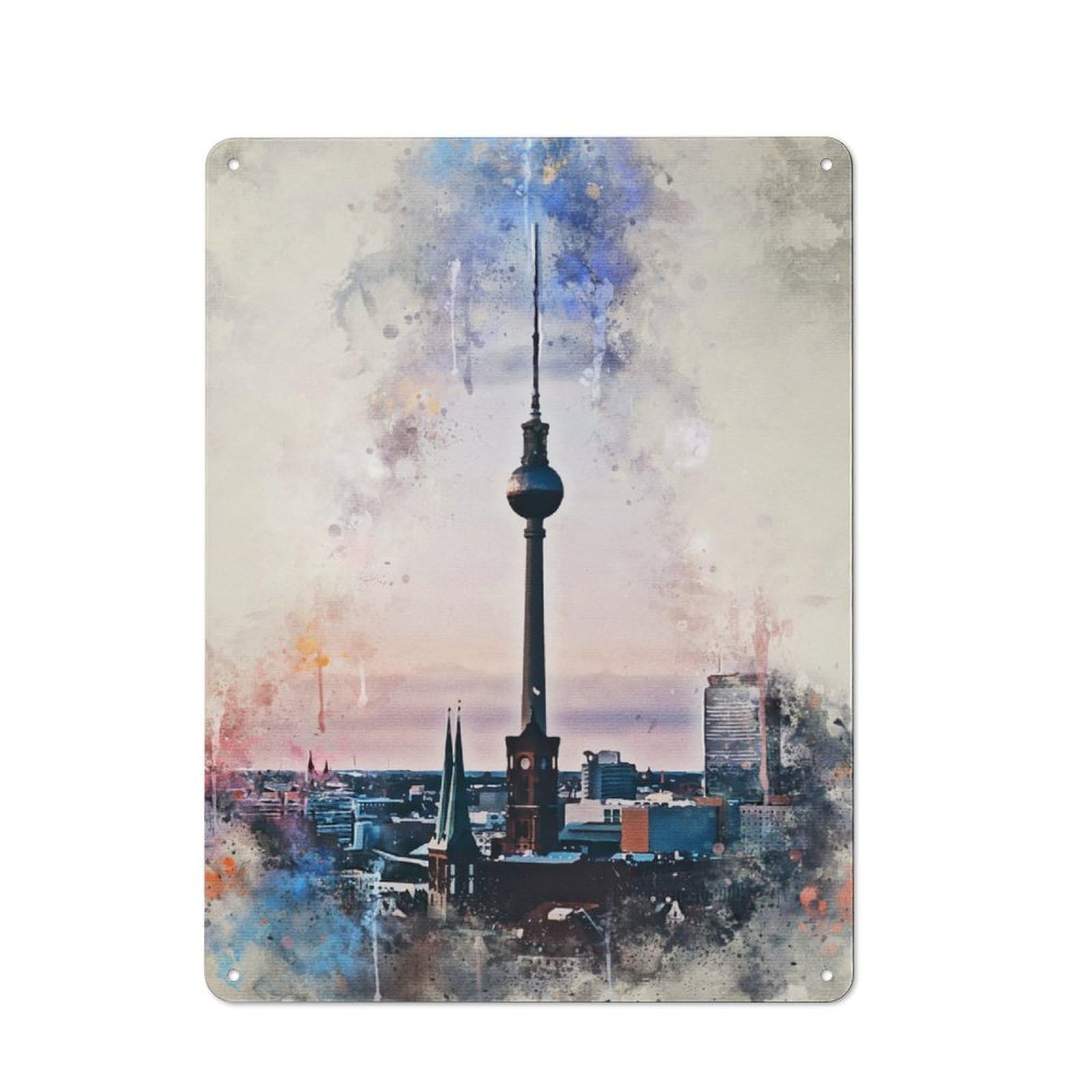 Junmoney Fernsehturm In Watercolor Tin Sign 40X30cm With For Workshop Wall, Vintage Decor, For Metal Sign Collectors, For Garage And Workshop Walls
