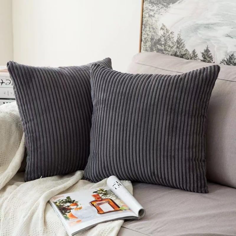 AMFUN Set of 2 Corduroy Cushion Covers 45cm x 45cm,Soft Striped Square Pillow Case,Cushion Case with Invisible Zipper,Home Boho Decor Pillow Cases for Couch Sofa Bedroom,Living Room-Dark Grey