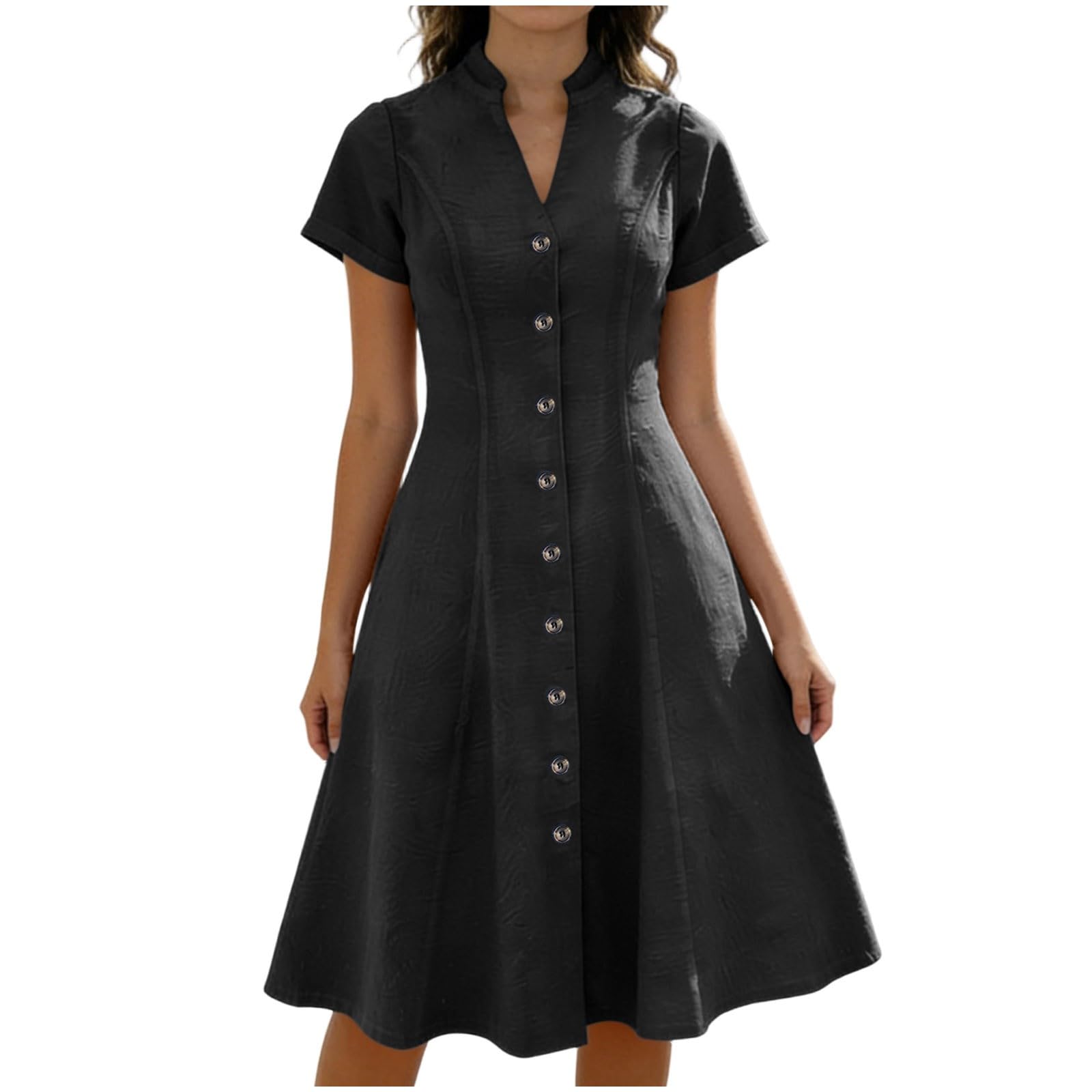 Sommerkleider Damen Elegant Midi Lang - Kleid Kurzarm V-Ausschnitt Freizeitkleider Knielang Kleid mit Taschen mit Knöpfen Kleid Denim-Effekt Atmungsaktiv Jupe in der Taille macht die Figur schlanker