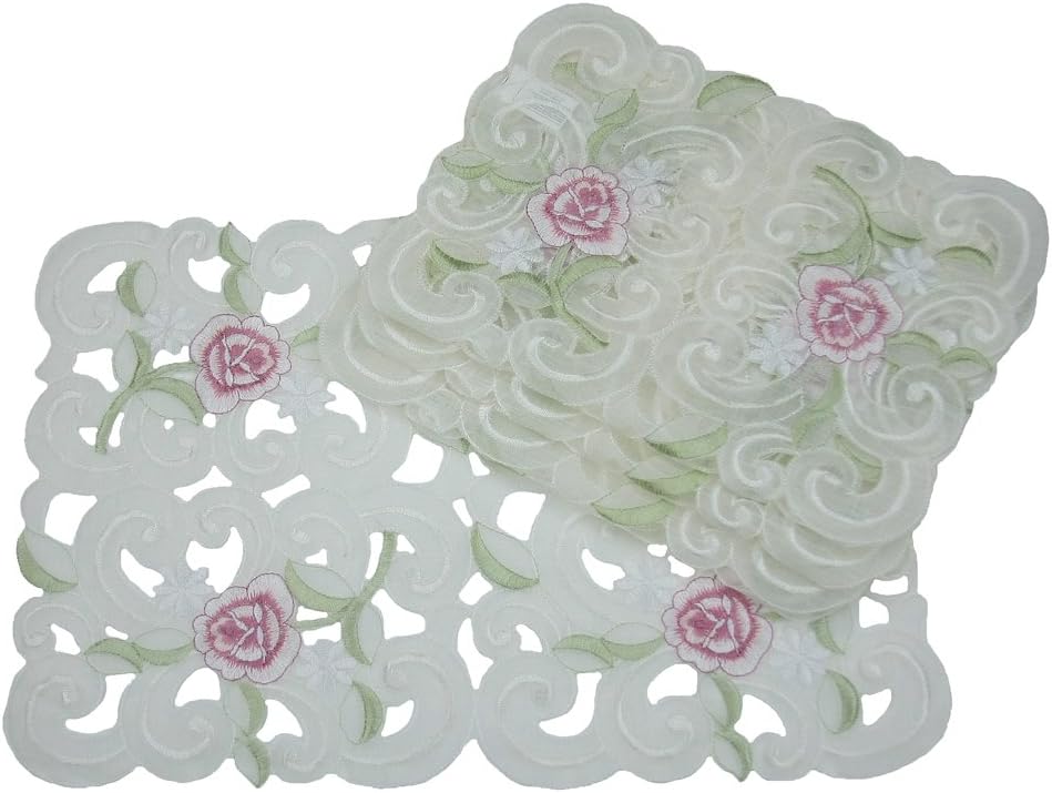 Dainty Rose Embroidered Cutwork Spring Placemats, 12-Inch by 18-Inch, Set of 4