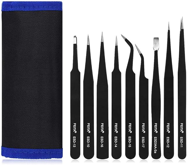 Precision Tweezer Set - FEITA Professional ESD Stainless Steel Anti Static Tweezers Kit for Electronic, Craft, Jewelry, Watchmakers, Hobby (Black 9 Pcs)