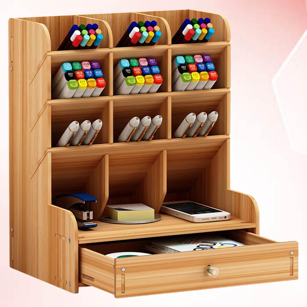 Operitacx Holz Stiftehalter Aufbewahrungsbox Groß Mit Mehrfach Geteilter Fächer Und Schublade Büro Desktop Organizer Für Stifte Und Büromaterial