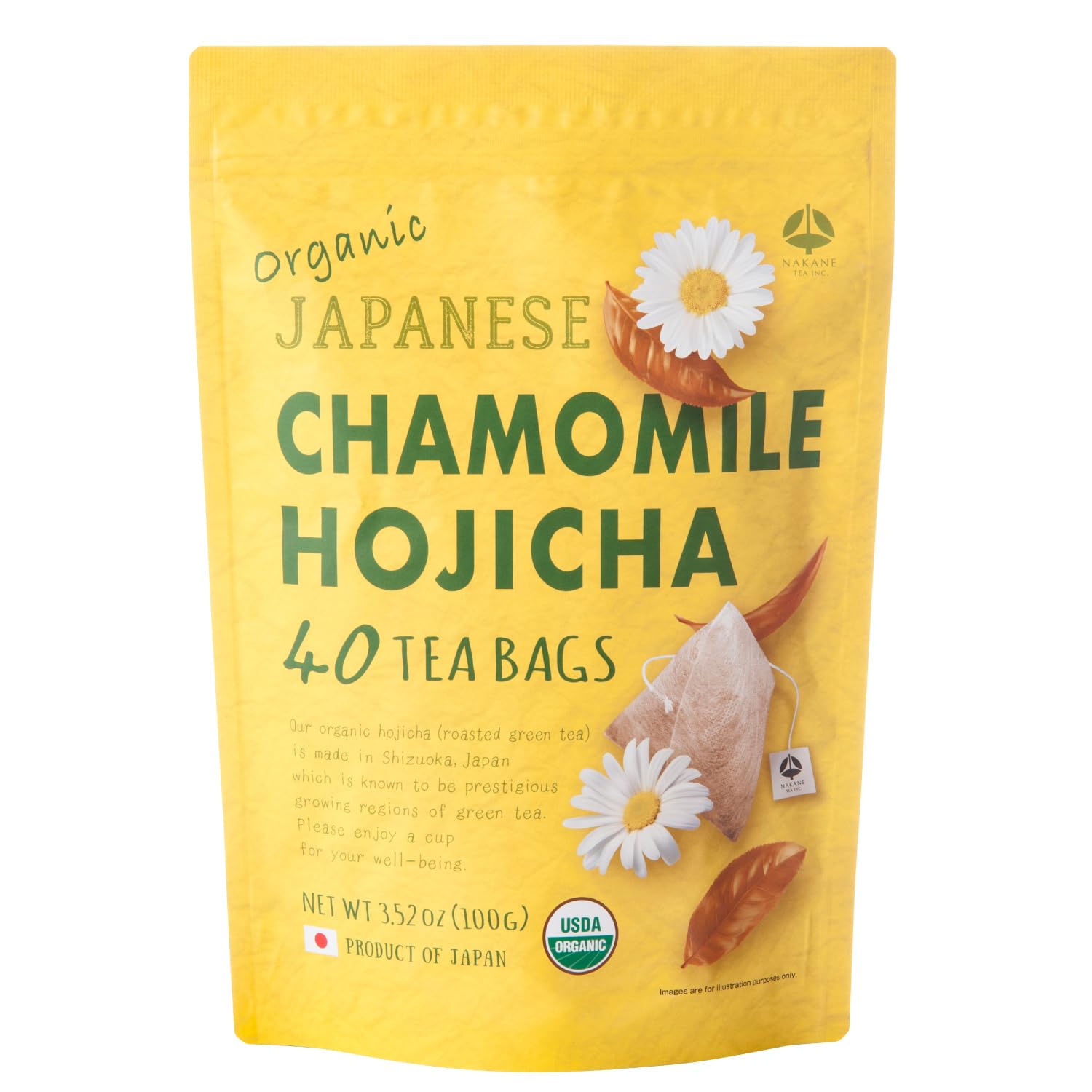 NAKANE TEA INC. Organic Chamomile Hojicha Tea Bags, 40 Count - Chamomile Tea Roasted Green Tea Blend from Japan