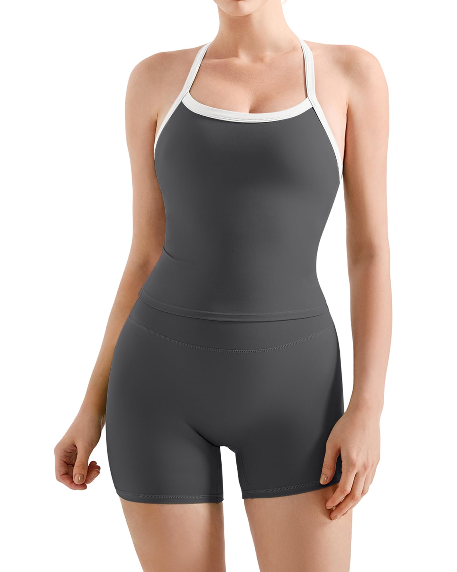 Photo 1 of [Only Tank Top] SUUKSESS Women 2 Piece Workout Sets High Waisted Tummy Control Biker Shorts Halter Padded Tank Tops Racerback Sports Bras (Colorblock Grey, S)