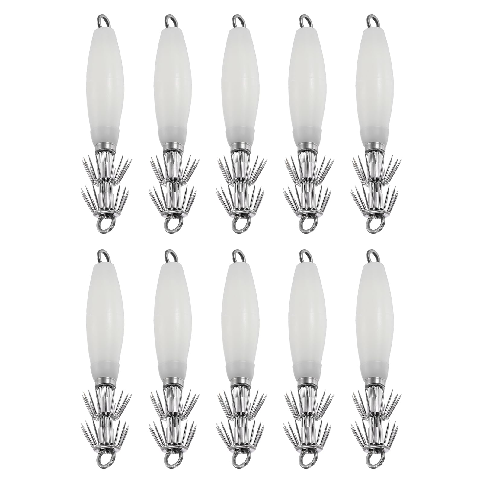 YELARXI Luminous Squid Jig Hooks, Squid Jigs Saltwater Glow in Dark Dual-Layer Hooks Fishing Lures Bait 3.9'' & 10Pcs & Luminous White - Fit for Cuttlefish Sleeve Night Fishing