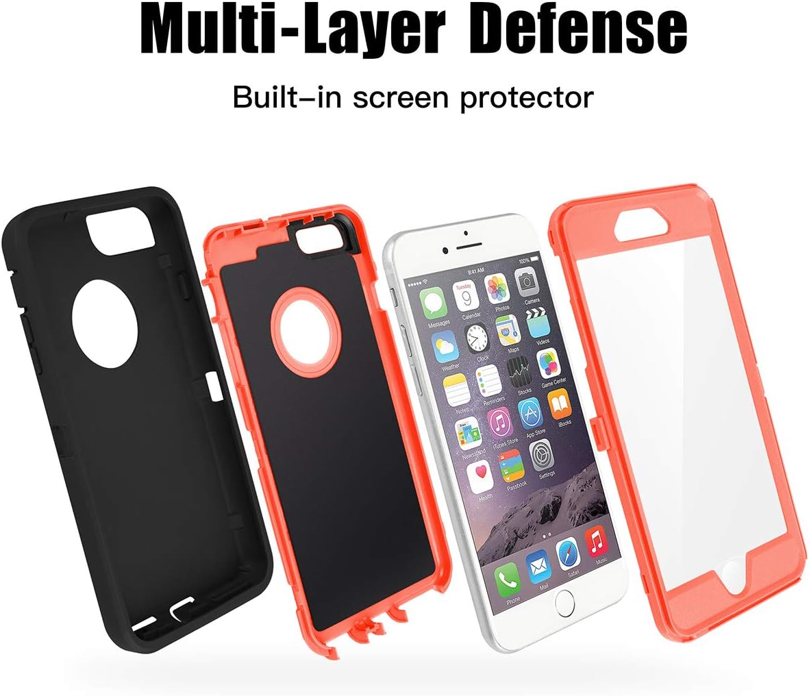 Ai-case Built-in Screen Protector Tough 4 in1 Rugged Shorkproof Cover with Kickstand for iPhone 6/6S Plus, Black/Orange(Without Kickstand)