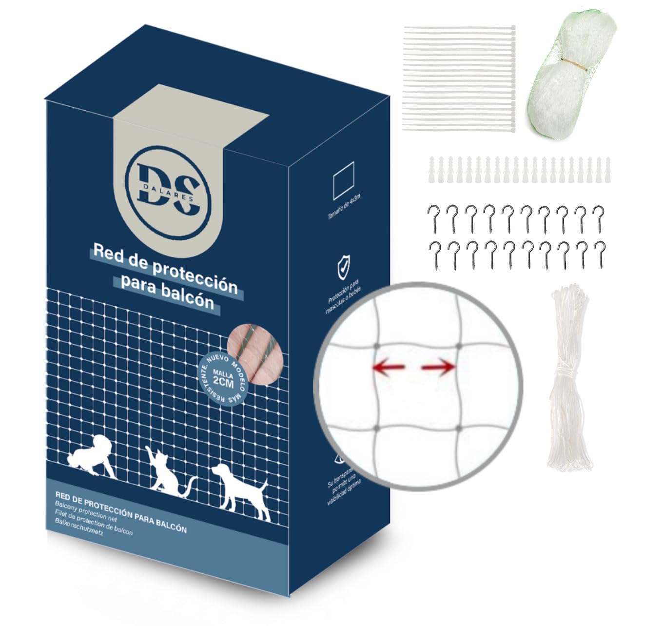 DALARES - Red de Protección para Gatos 8x3m | 2x2cm Agujero de Malla Anticaída Resistente | Red para Gatos Terraza | Red Balcón Gatos | Red Gatos Ventanas | Red Nylon Transparente con Set de Fijación