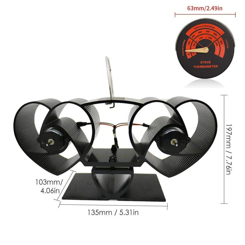 Ventola per stufa a doppio motore, a 8 lame, design 2019, funzionamento silenzioso, con termometro per stufa a legna, bruciatore e camino, distribuzione del calore ecologica ed efficiente