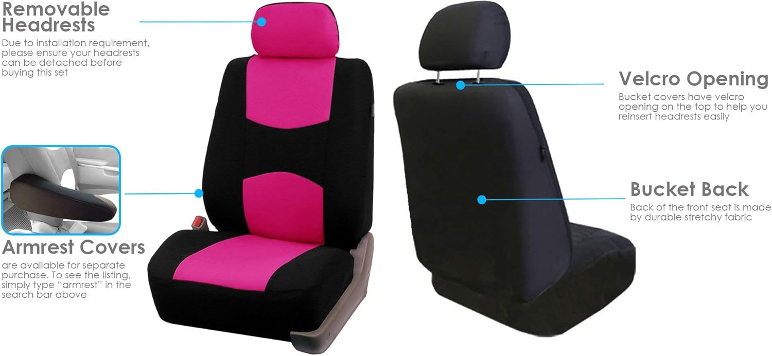 FH Group Car Seat Covers Flat Cloth Front Seats Only Pink Automotive Seat Cover, Airbag Compatible Universal Fit Interior Accessories Cars Trucks SUV Combo Steering Wheel Cover & Seat Belt Pads