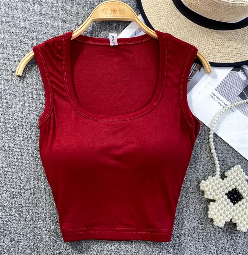 JampoL Top corto con cuello Halter y hombros descubiertos for mujer, camisetas sin mangas con sujetador integrado, camisola de algodón for mujer, verano 2023 Almighty (Color : C red, Size : One Size)