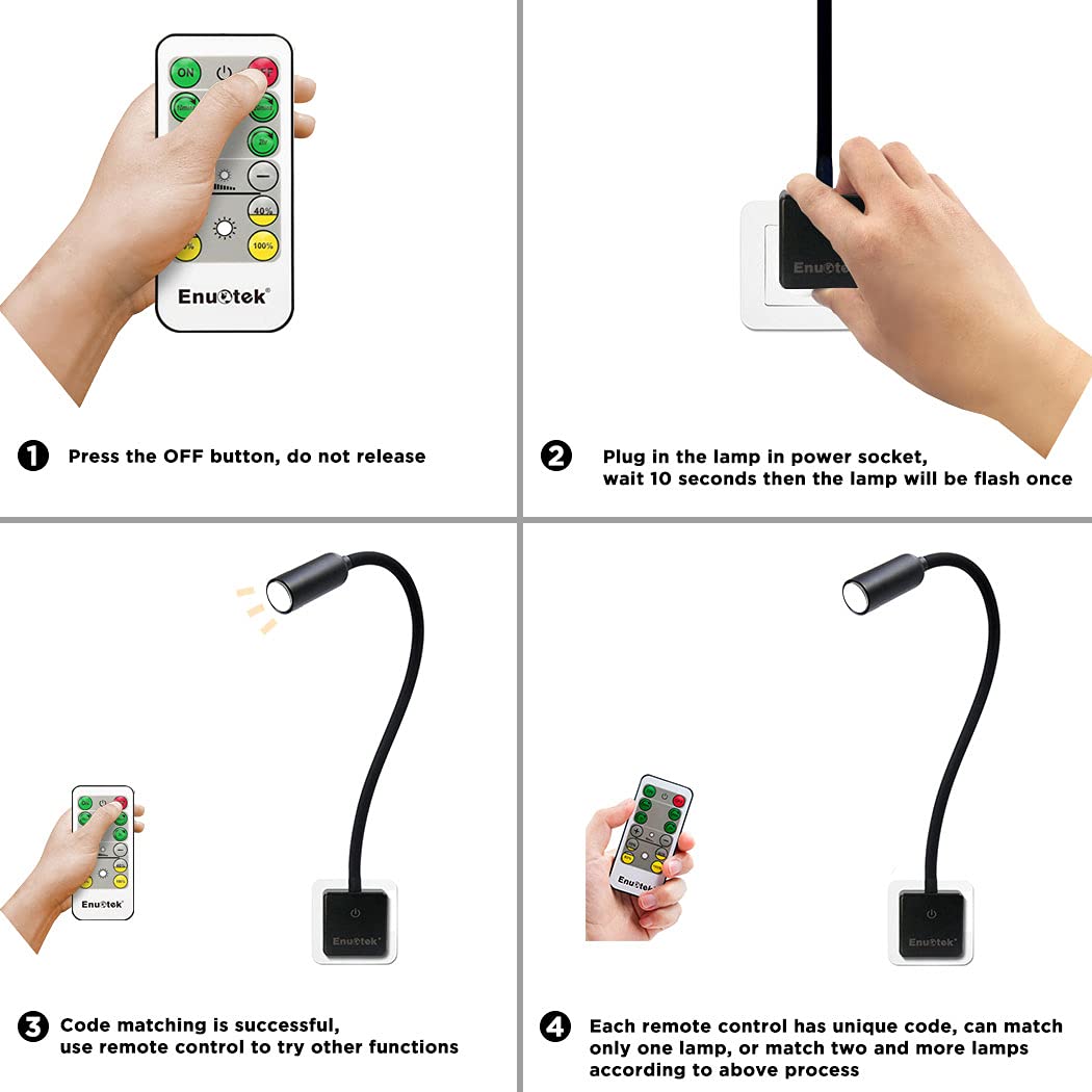 ENUOTEK Lampara Aplique Pared de Lectura Foco LED Regulable, Luz Mesita de Noche Dormitorio LED con Enchufe, Interruptor Tactil y Control Remoto, 3W Luz Neutra 4000K, 1X Lampara y 1X Control Remoto