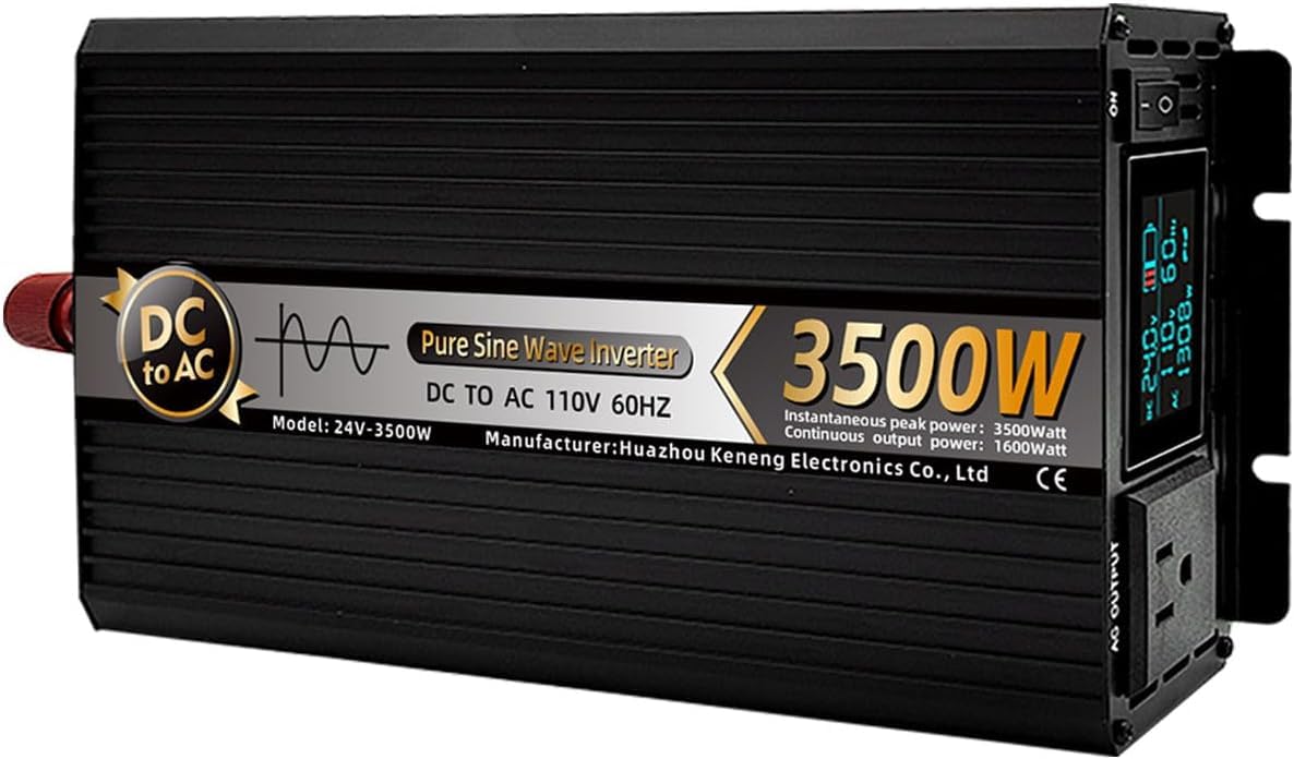 1600W Pure Sine Wave Inverter, Car Power Inverter, 24V DC to 110V AC Converter, Featuring 9-Stage Protection and Dual Cooling Fans, Surge 3500W; for RV, Truck, Solar, Outdoor