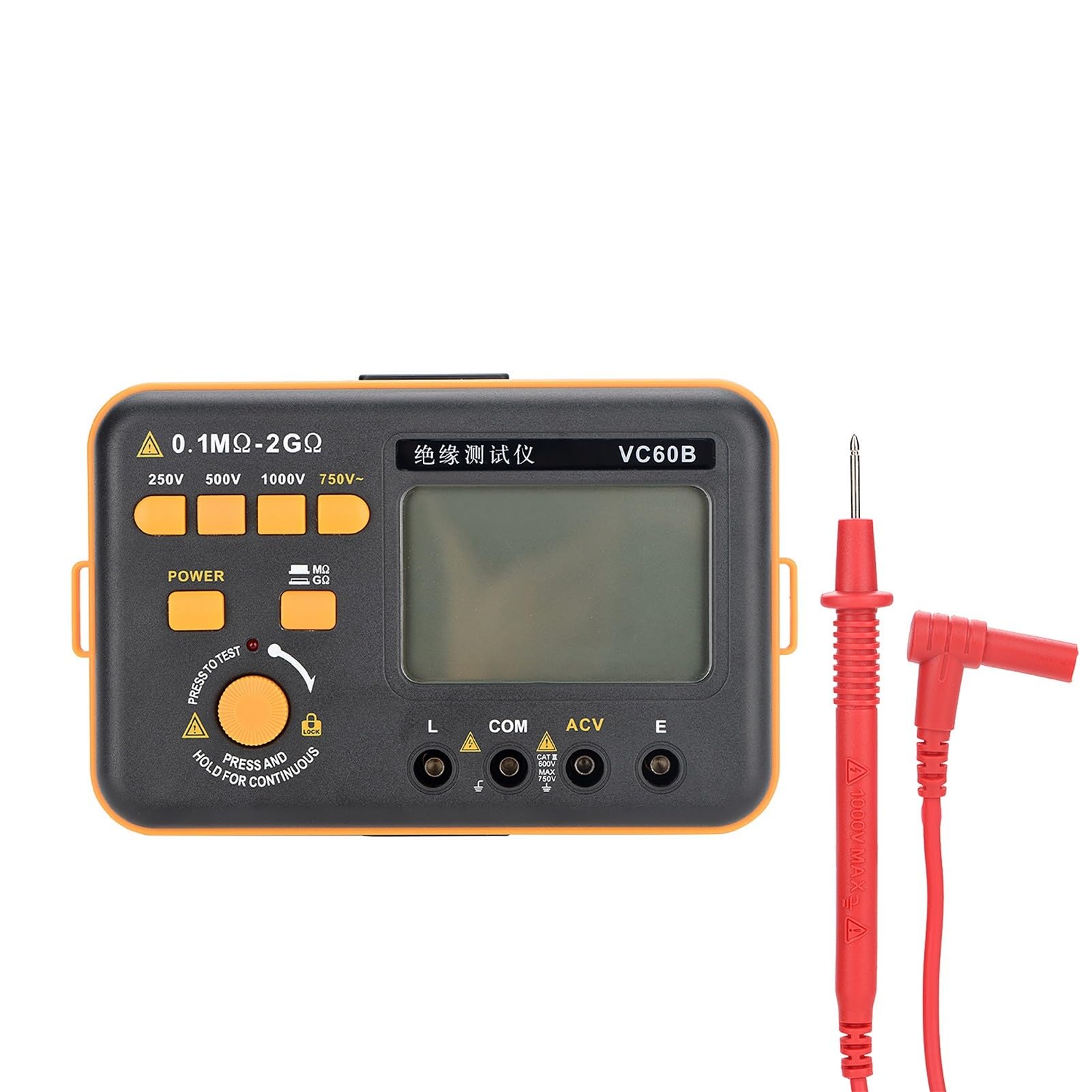 Cyfrowy miernik rezystancji izolacji VC60B, miernik wysokiego napięcia 250 V/500 V/1000 V, zakres pomiarowy 0,1 MΩ-2GΩ, wyświetlacz LCD z podświetleniem