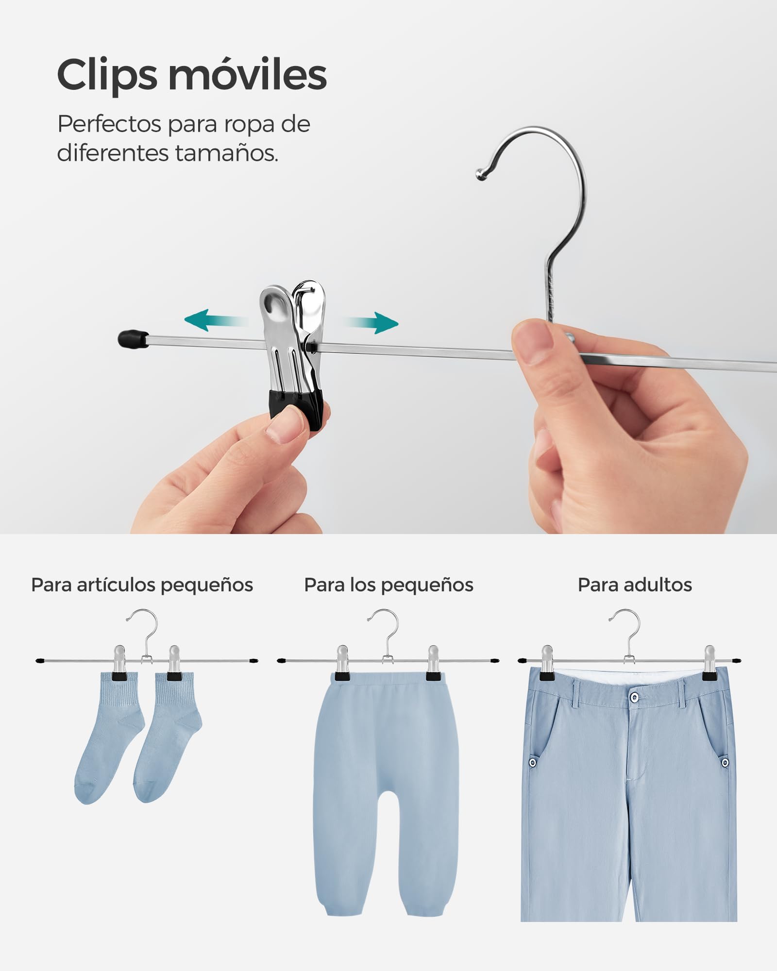 SONGMICS Perchas Metálicas para Pantalones, Juego de 20, Perchas con Pinzas, 40 cm de Largo, Perchas Antideslizantes para Ropa, Faldas, Calcetines, Gromado, Plata Metálico y Negro Tinta CRI006-20