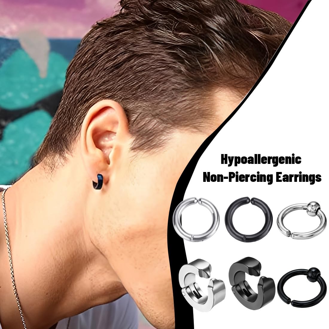 3 Paia Orecchini uomo, Orecchini da Uomo Donna in Acciaio Inossidabile,Clip Senza Buco Inossidabile cerchi orecchini non piercing clip in acciaio, Senza Buco