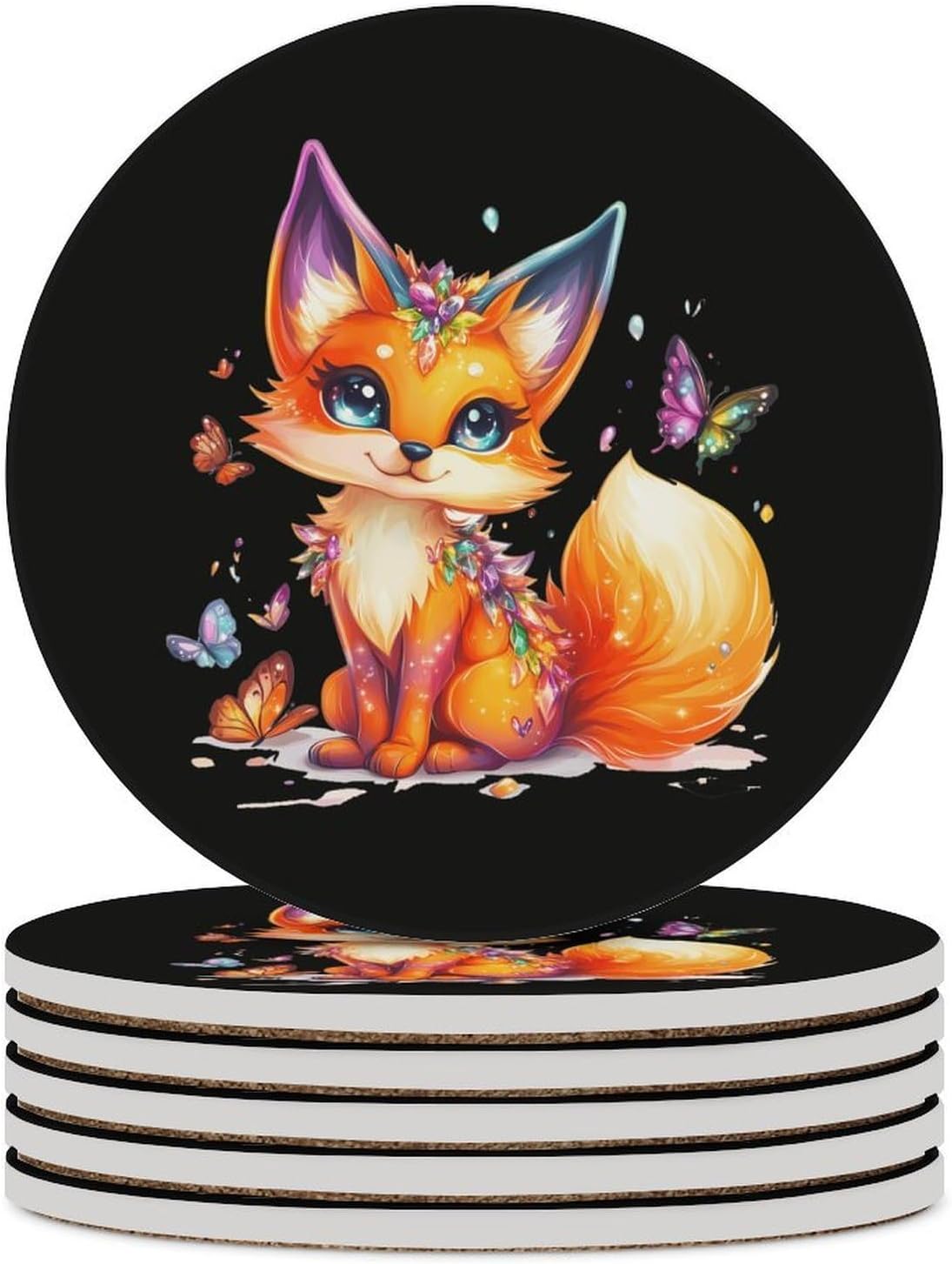 Cute Fox Coasters for Drink Round Ceramic Coaster with Cork Base Home Decorative 4PCS