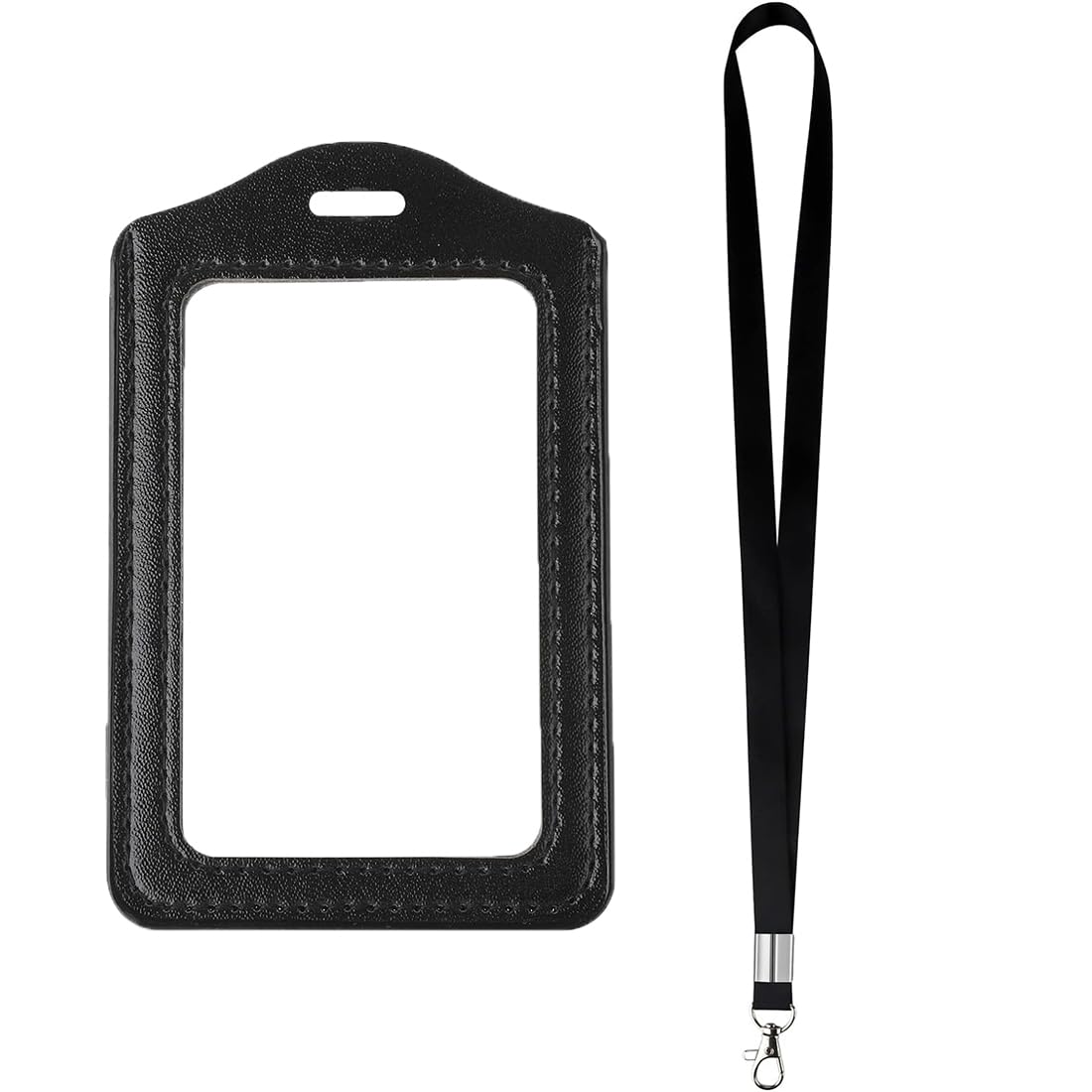 Card Holder with Lanyard, Genuine Leather ID Badge Holder, 2-Sided PU Leather ID Badge Holder