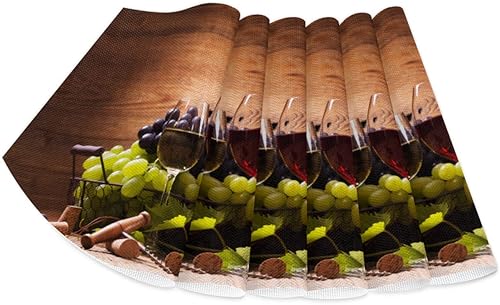 Miniatura 5 de Juego de 4 manteles individuales de PVC para mesa redonda con tapete redondo para centro de mesa, manteles de cuña de madera de vino tinto y uva,