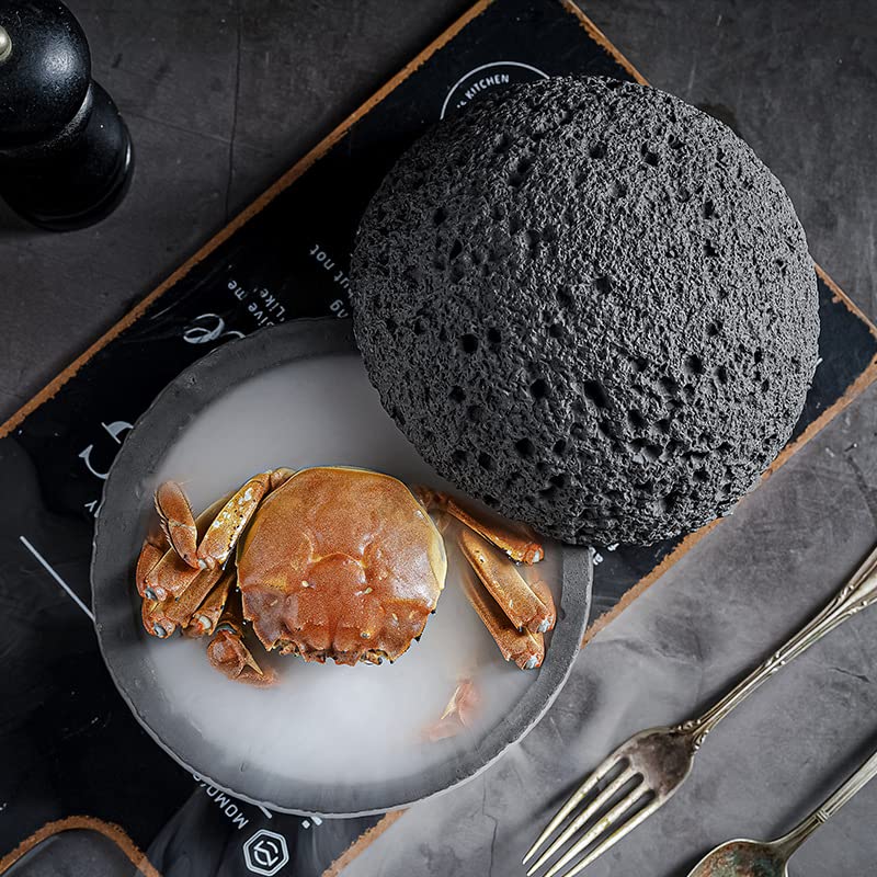 Kamelar.Lava Volcanic rock spherical dry ice sushi tray, Plate Sashimi Sushi Steak, ceramic plate, Japanese sushi beef Sashimi plate, interior copper mesh, 4.8 inches in diameter