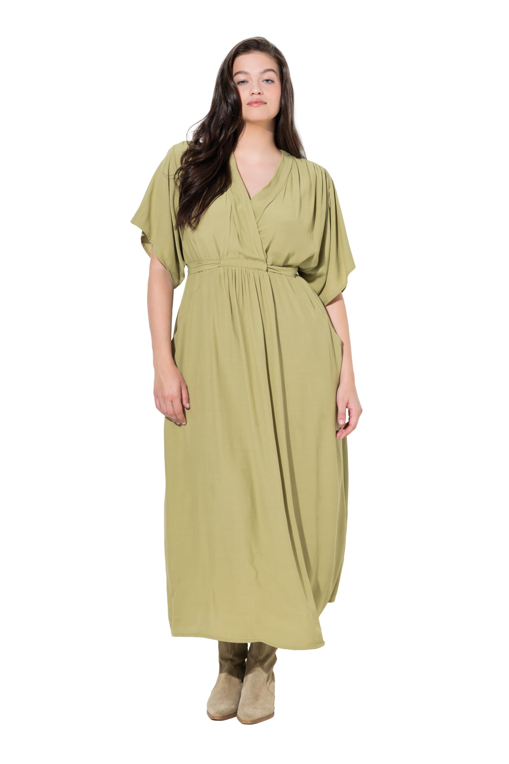 Ulla Popken Damen große Größen Übergrößen Plus Size Maxi-Blusenkleid, Wickeloptik, V-Ausschnitt, Halbarm 847526