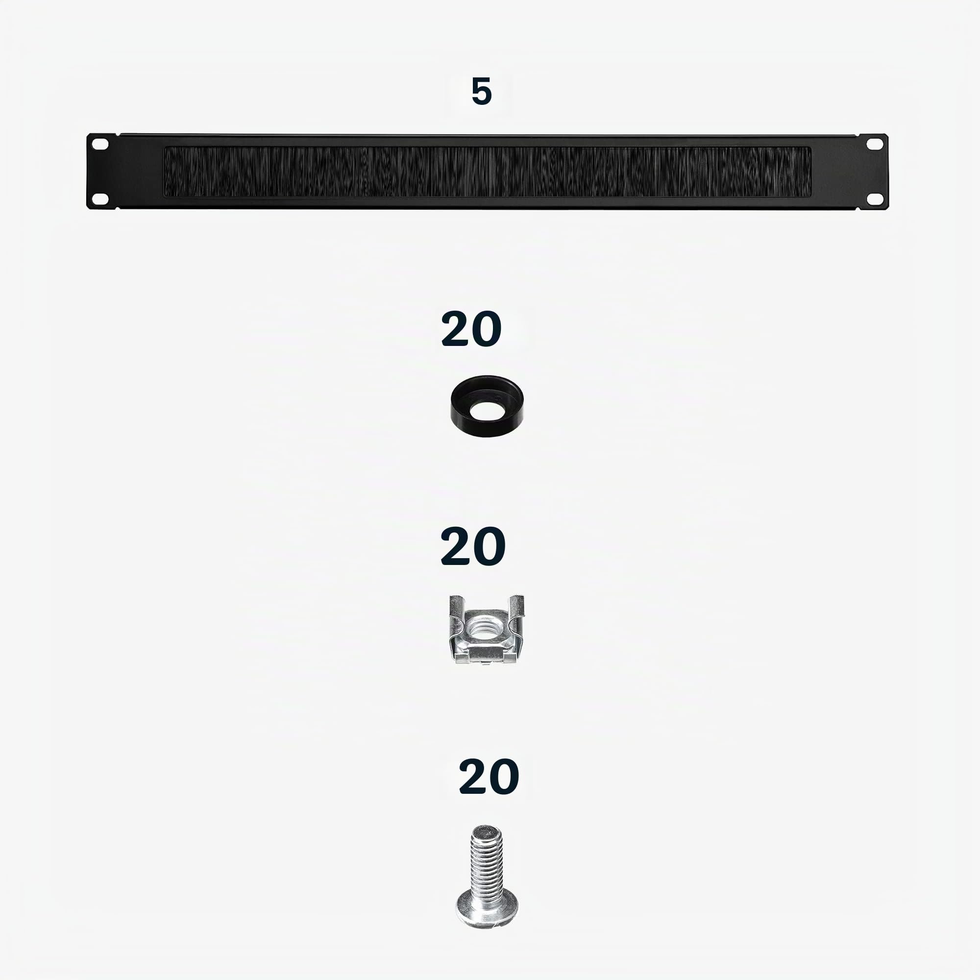 kwmobile 5X Pannello Passacavi per Rack 19 Pollici - Gestione Cavi per Server Rack 19" - Passacavi Scrivania con Spazzola - Passa Cavi con Spazzole