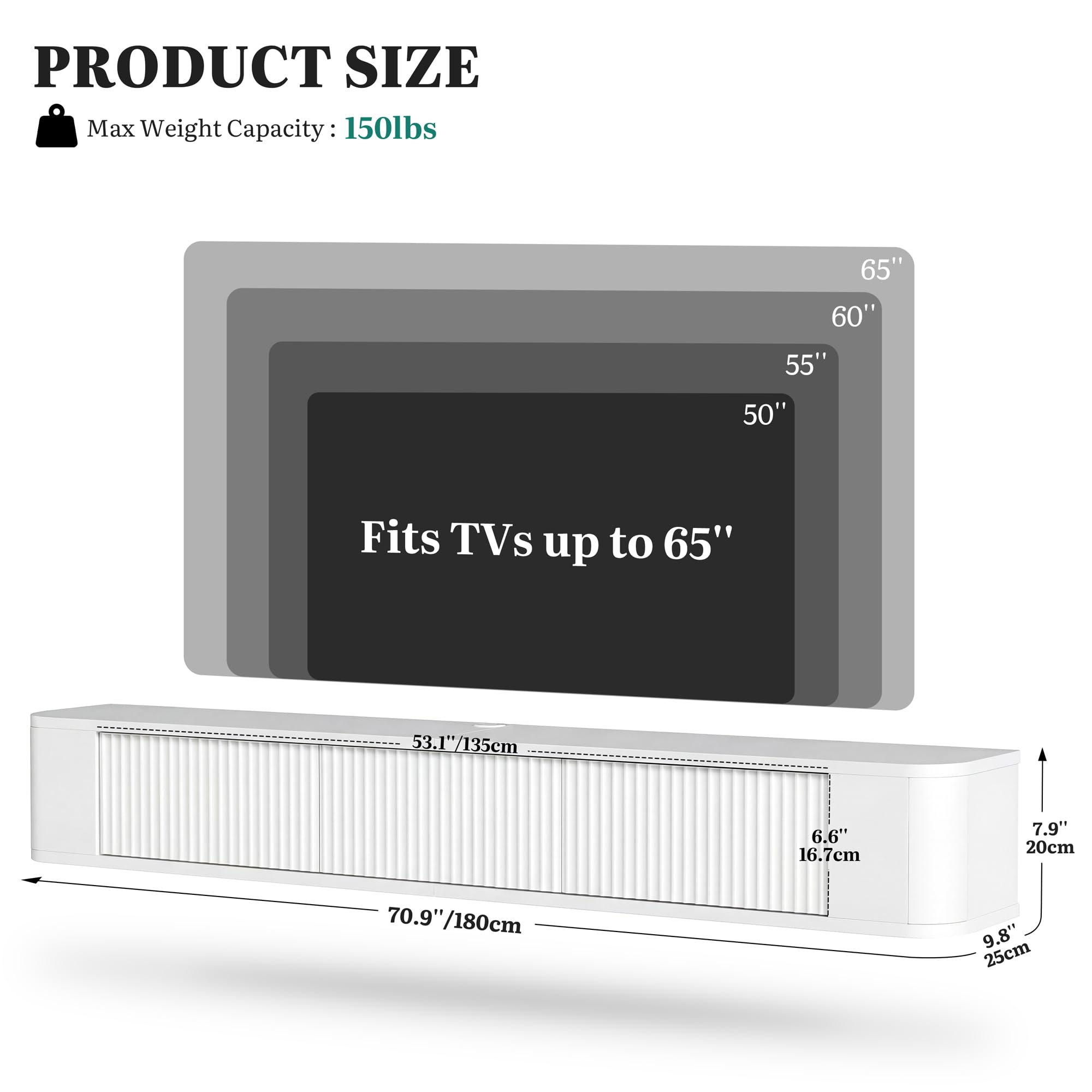 YITAHOME Supporto TV sospeso da 180 cm, mensole TV a parete con luce LED RGB, console multimediale TV bianca lucida, armadio TV sospeso con ampio spazio di archiviazione per soggiorno e camera da