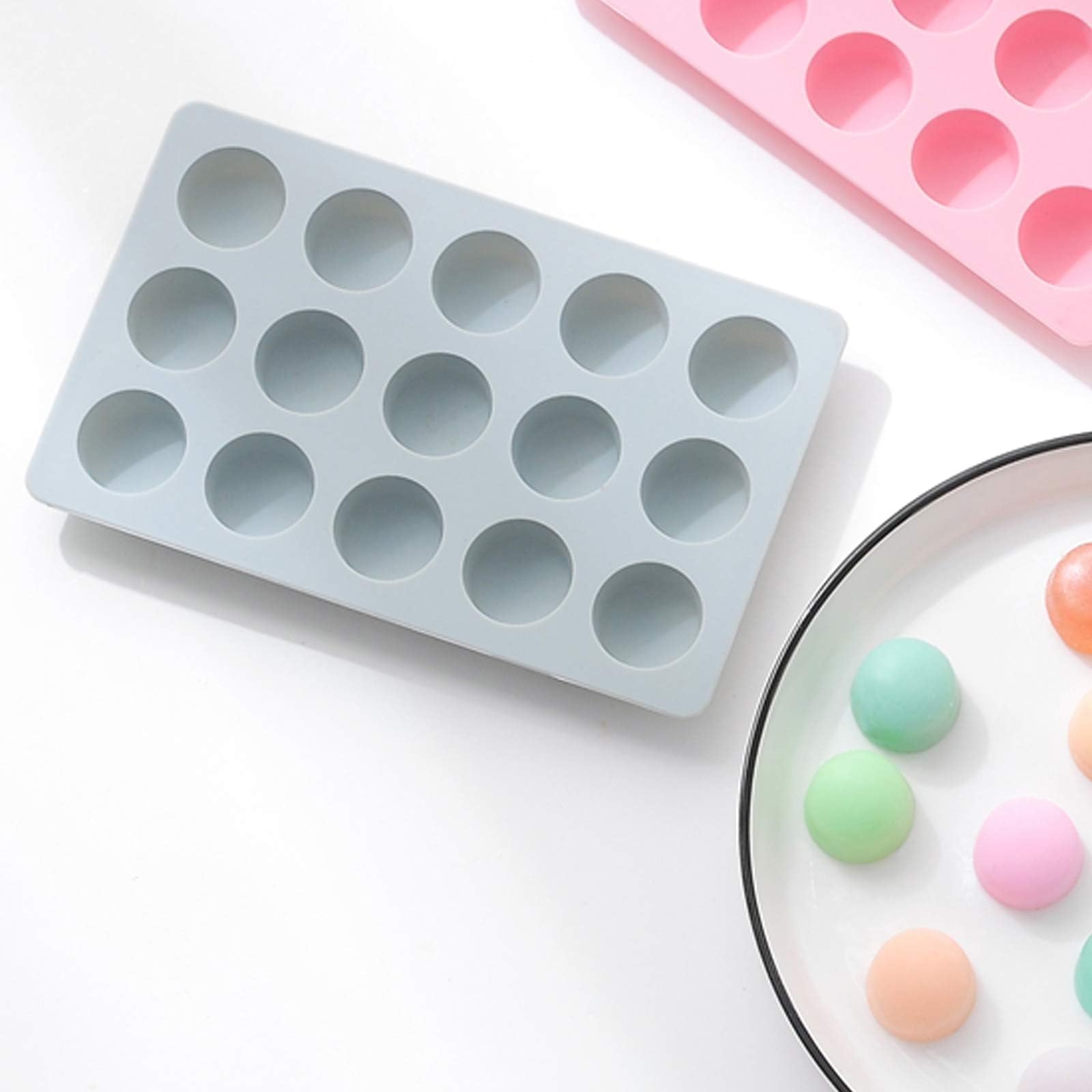Set di 3 stampi in silicone per caramelle e cioccolato, antiaderenti, inclusi cuore, rotondo, quadrato, per caramelle, gommose, caramello caldo, ghiaccio, torta, gelatina, ganache (blu)