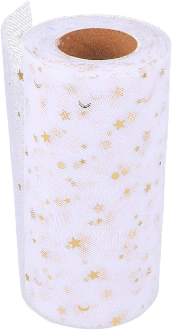 HEALLILY 1 Roll Mesh Ribbon Wide Whimsy Ribbon with Gold Star Moon Sequin DIY Craft Web Ribbon for Gift Wrapping Home Wedding Cake Decoration 2280x15cm (White)