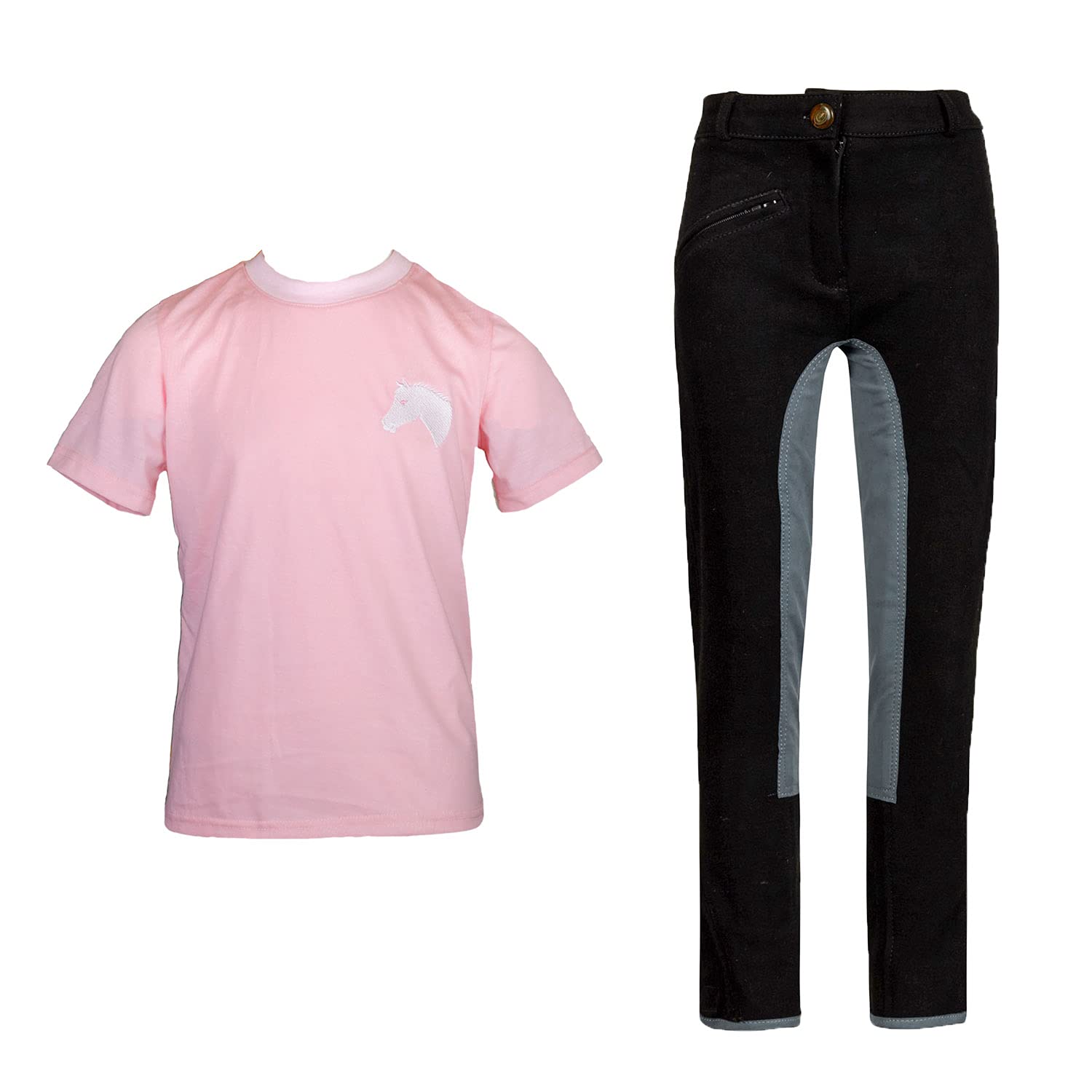Linda - Pantaloni da equitazione con maglia a T rosa ricamata