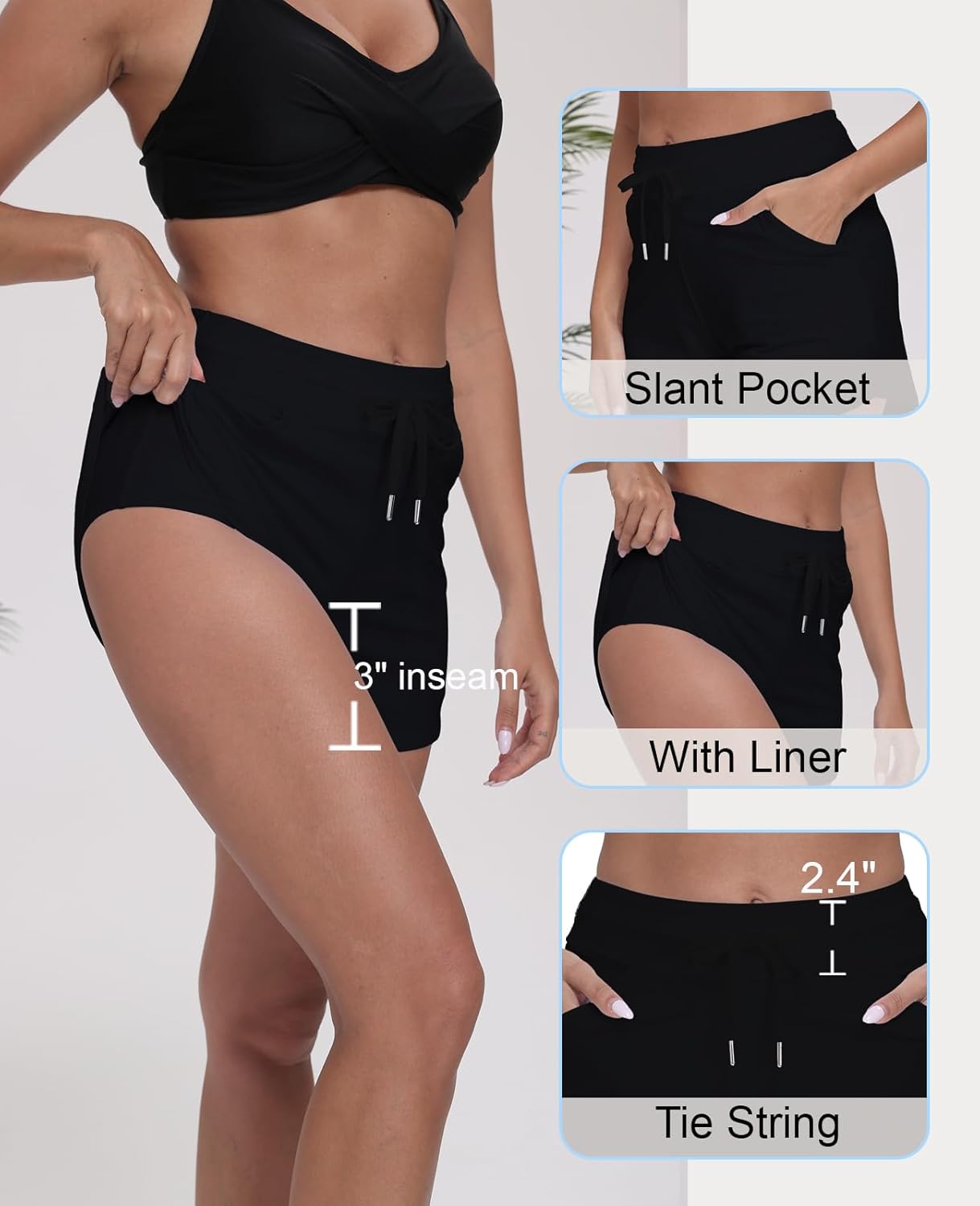 Halcurt Womens 3" Swim Board Shorts High Waisted Swimsuit Bottoms with Liner Pockets Quick Dry Beach Shorts - Image 4